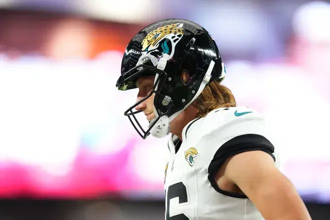 Jaguars QB Trevor Lawrence threw three INTs, took three sacks, and lost a fumble for a Cardinals scoop-and-score on Sun., Nov. 23, 2025, at State Farm Stadium in Glendale Arizona. (Joe Camporeale / Imagn Images)