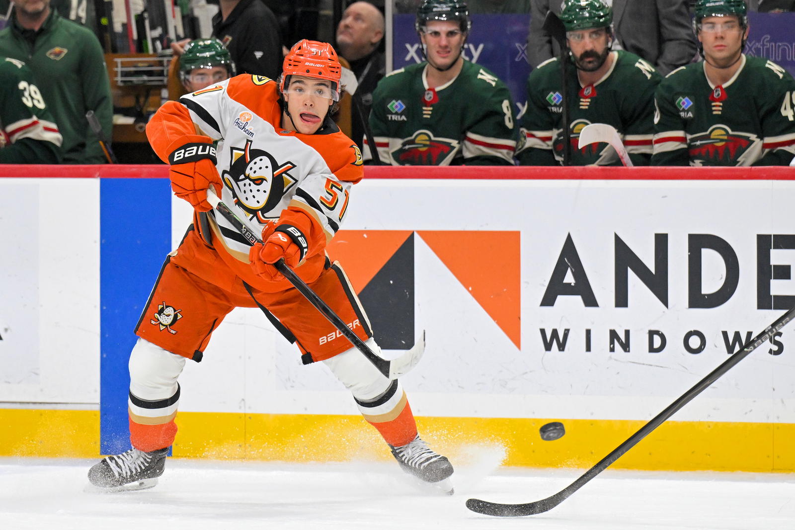 Nov 15, 2025; Saint Paul, Minnesota, USA; Anaheim Ducks defensemen Olen Zellweger (51) makes a pass against the Minnesota Wild during the first period at Grand Casino Arena. Mandatory Credit: Nick Wosika-Imagn Images
