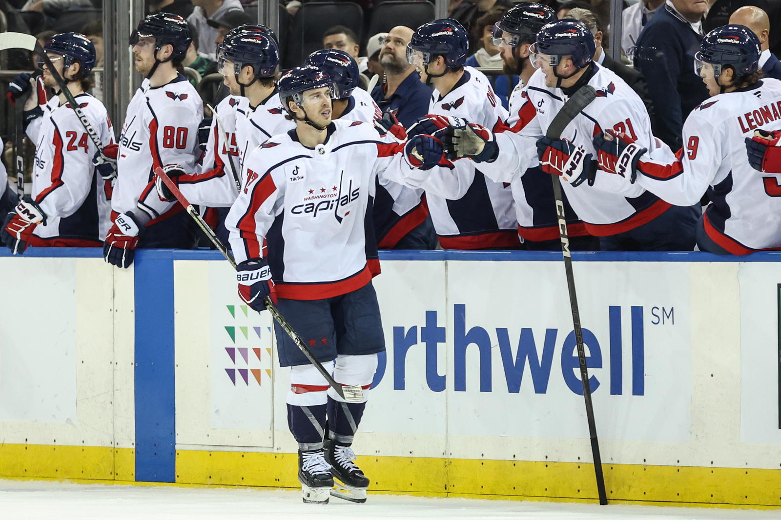 Oct 12, 2025; New York, New York, USA; Washington Capitals left wing Anthony Beauvillier (72) celebrates after scoring a goal in the second period against the New York Rangers at Madison Square Garden.&nbsp;