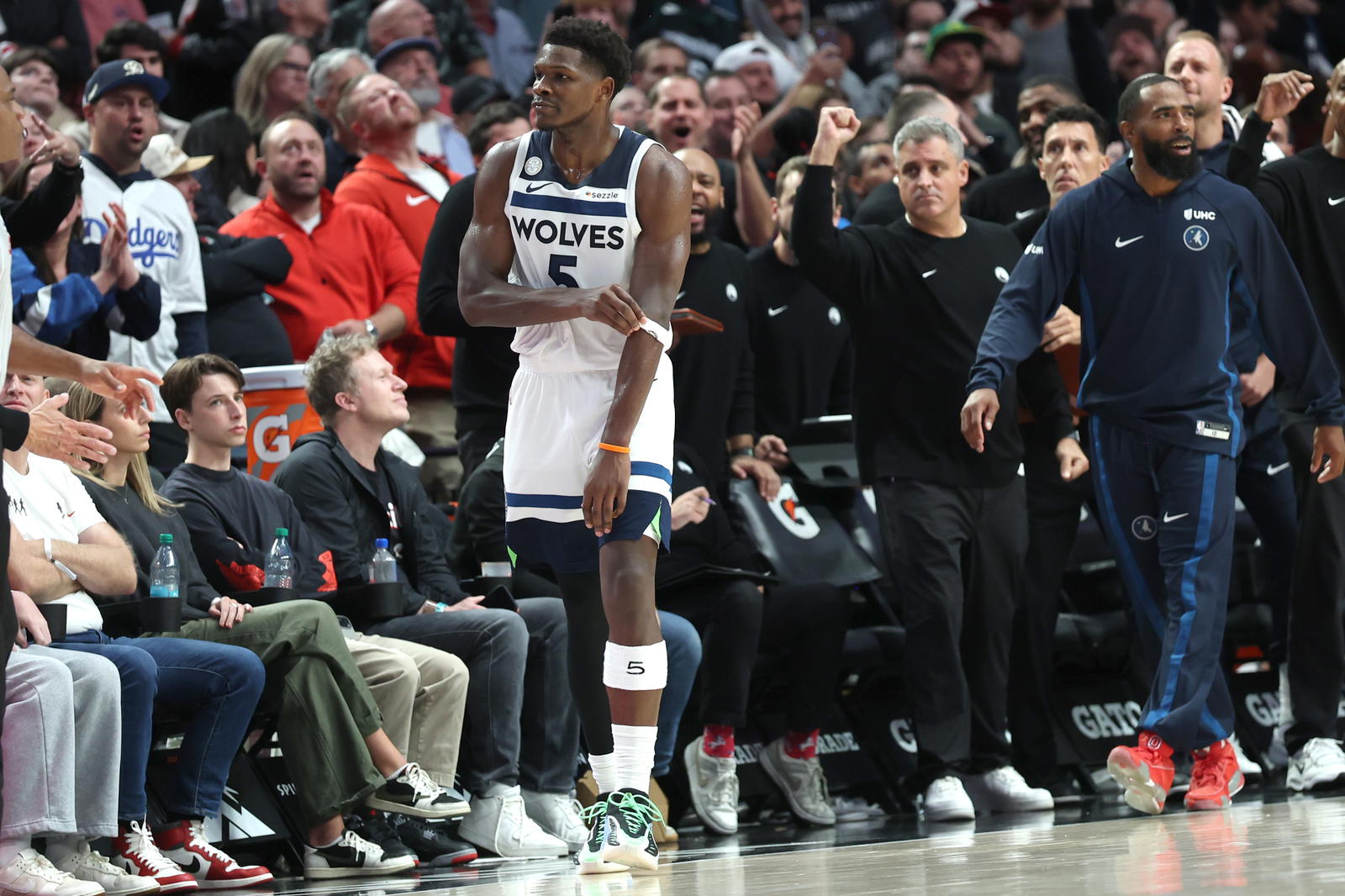 Minnesota Timberwolves guard Anthony Edwards (5) reacts after making a three-point shot against the Portland Trail Blazers in the second half at Moda Center. Jaime Valdez-Imagn Images