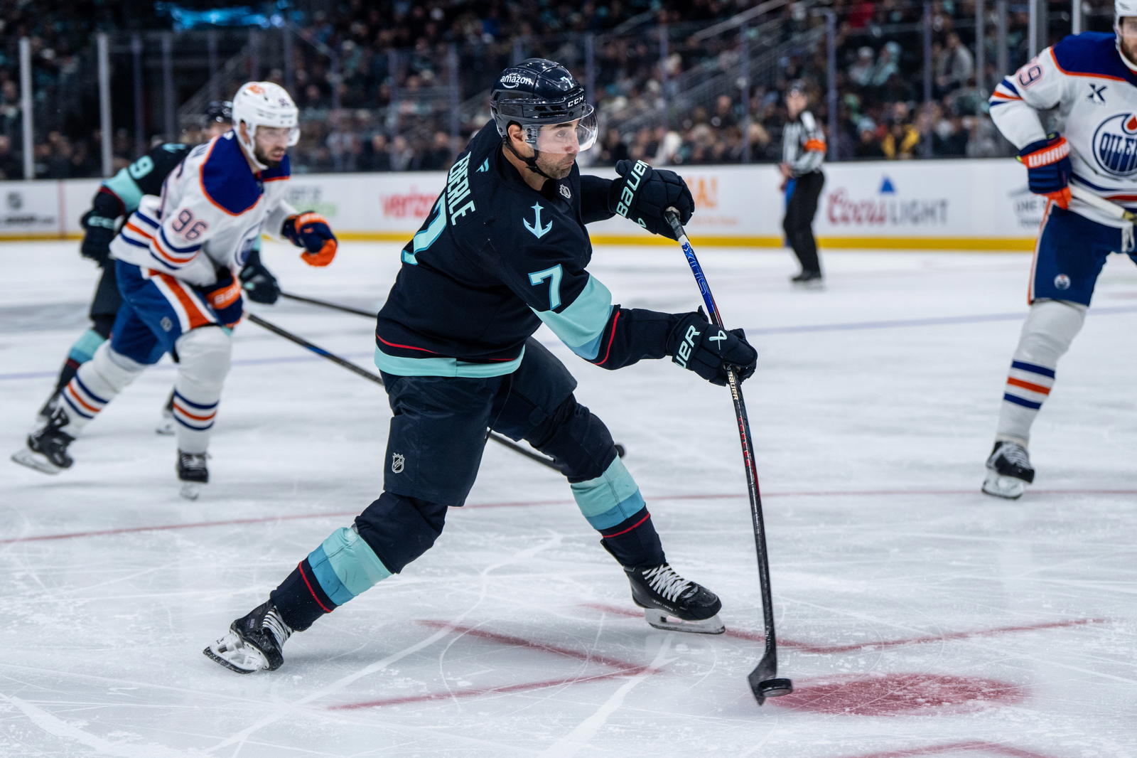Oct 25, 2025; Seattle, Washington, USA; Seattle Kraken forward Jordan Eberle (7) shoots the puck during the second period at Climate Pledge Arena. Mandatory Credit: Stephen Brashear-Imagn Images