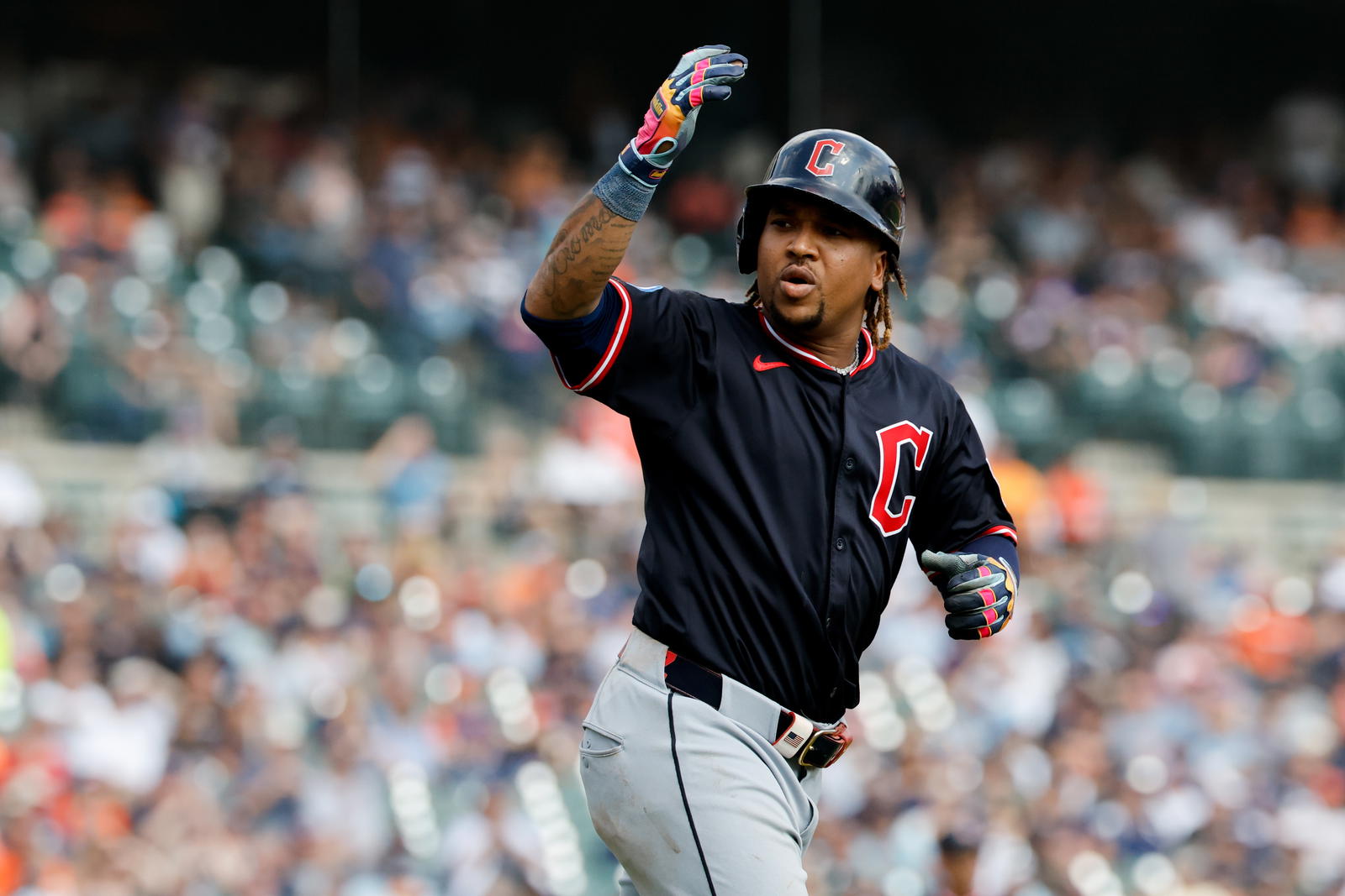 Sep 18, 2025; Detroit, Michigan, USA; Cleveland Guardians third base Jose Ramirez (11) celebrates after he hits a two run home run in the seventh inning against the Detroit Tigers at Comerica Park. Mandatory Credit: Rick Osentoski-Imagn Images