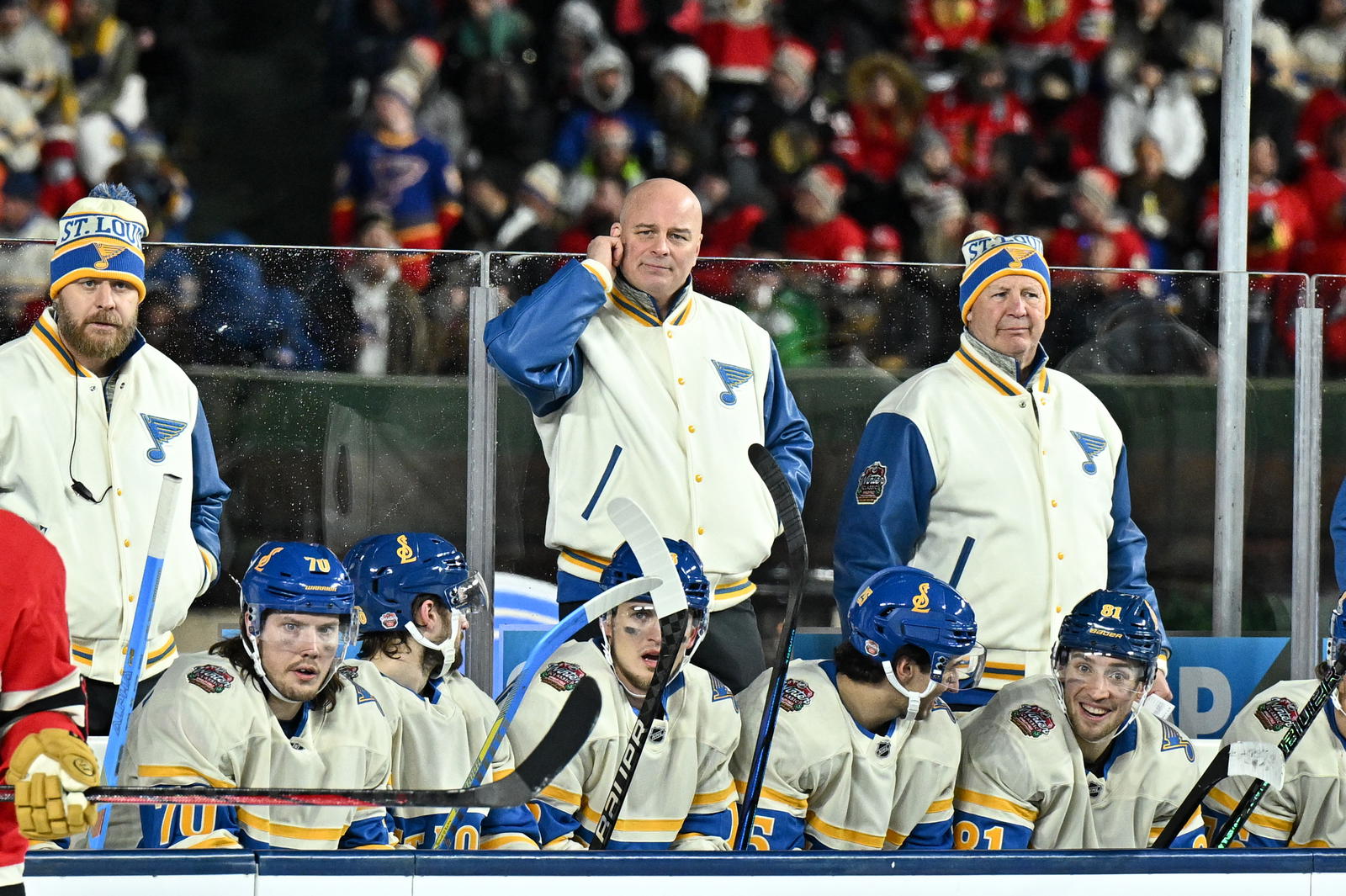 St. Louis Blues coach Jim Montgomery (top, middle), sees a bright future for the franchise moving forward after a painful series loss against the Winnipeg Jets in the Western Conference First Round. (Daniel Bartel-Imagn Images)