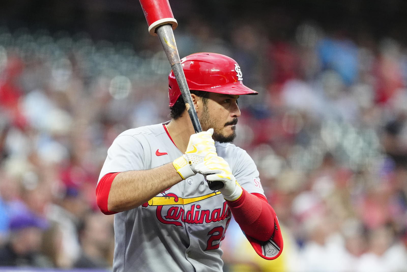 St. Louis Cardinals third baseman Nolan Arenado (28) on deck in the first inning against the Colorado Rockies at Coors Field. Ron Chenoy-Imagn Images
