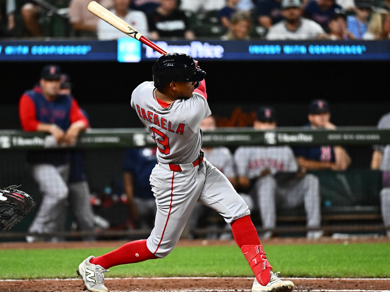 Boston Red Sox outfielder Ceddanne Rafaela (3) doubles during the eighth inning against the Baltimore Orioles at Oriole Park at Camden Yards. James A. Pittman-Imagn Images