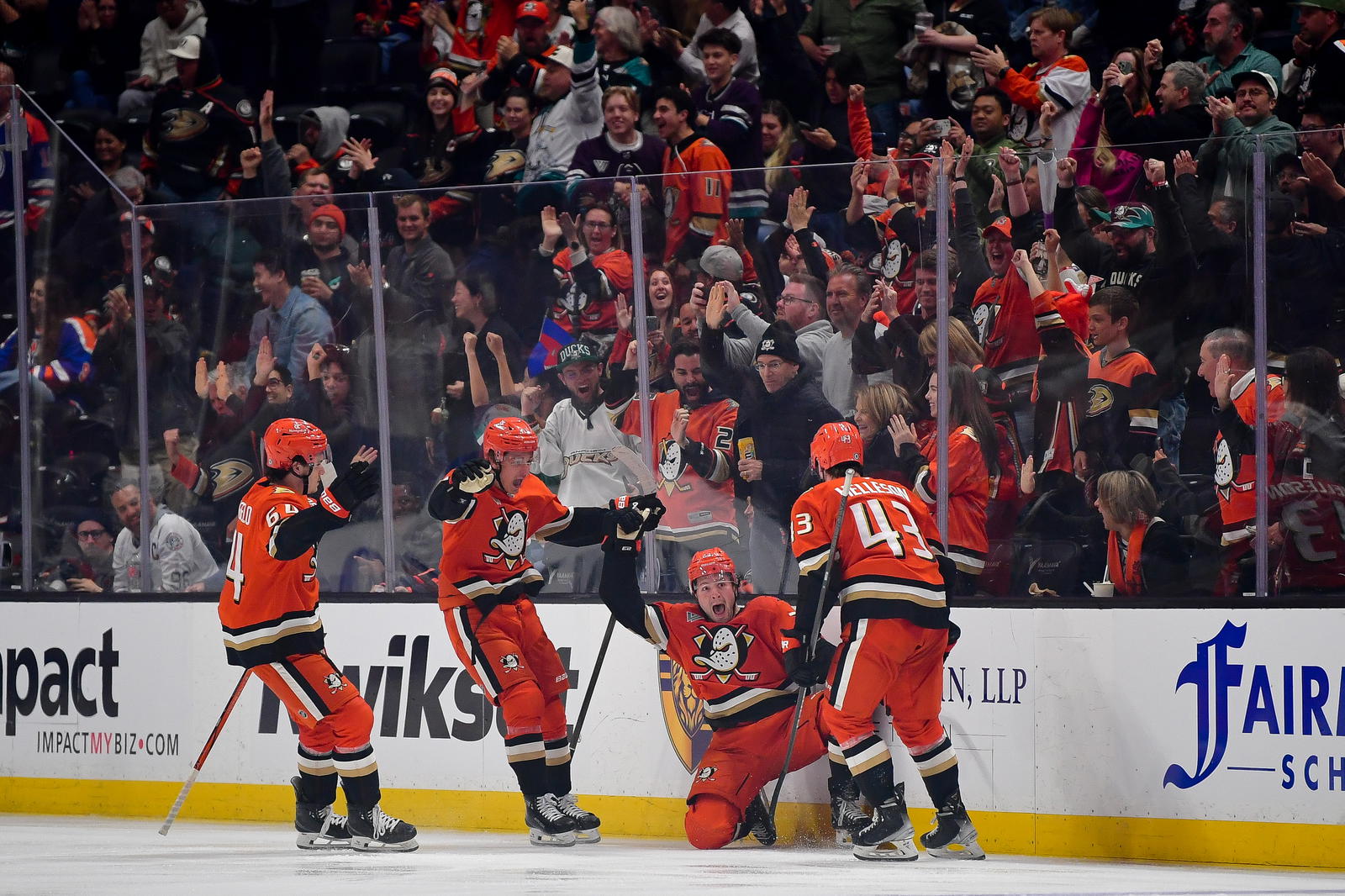 Apr 7, 2025; Anaheim, California, USA; Anaheim Ducks center Mason McTavish (23) celebrates his goal scored against the Edmonton Oilers during the third period at Honda Center. Mandatory Credit: Gary A. Vasquez-Imagn Images