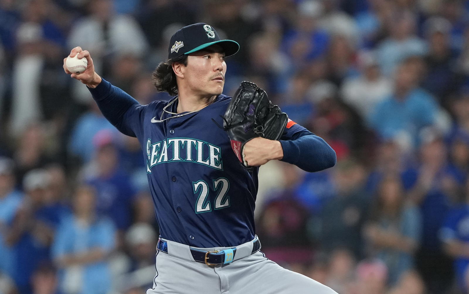Seattle Mariners pitcher Bryan Woo (22) throws in the fifth inning against the Toronto Blue Jays during game seven of the ALCS round for the 2025 MLB playoffs at Rogers Centre. Nick Turchiaro-Imagn Images