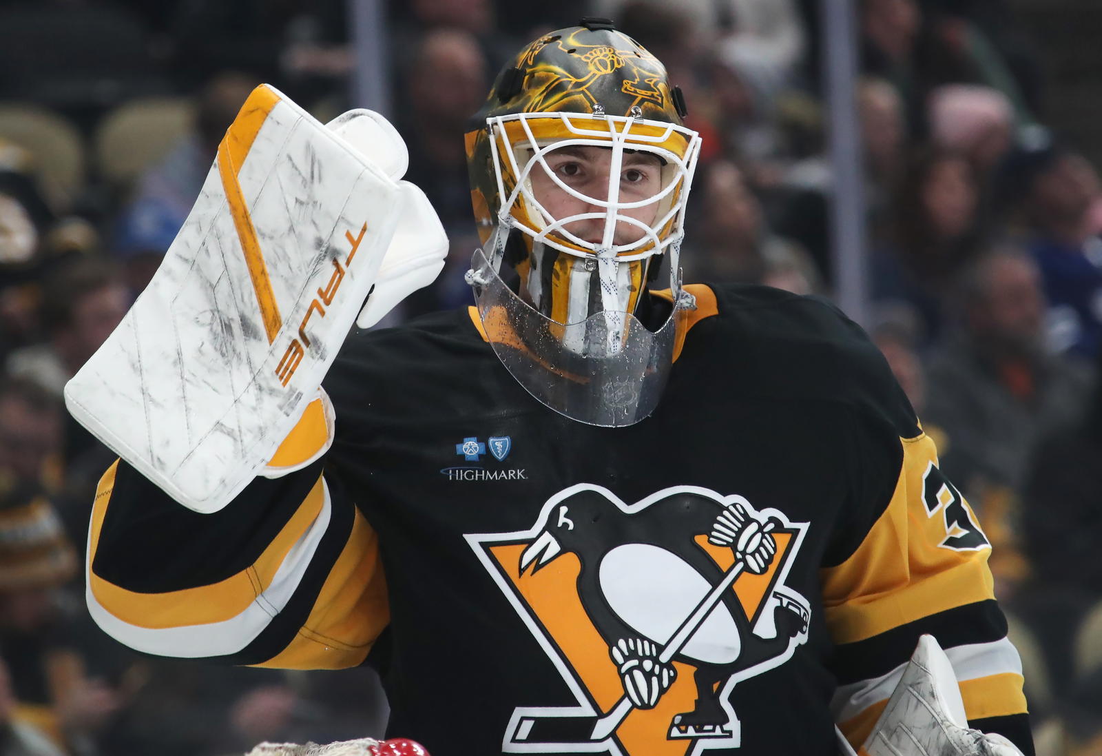 Mar 2, 2025; Pittsburgh, Pennsylvania, USA; Pittsburgh Penguins goaltender Joel Blomqvist (30) looks on against the Toronto Maple Leafs during the third period at PPG Paints Arena. Mandatory Credit: Charles LeClaire-Imagn Images