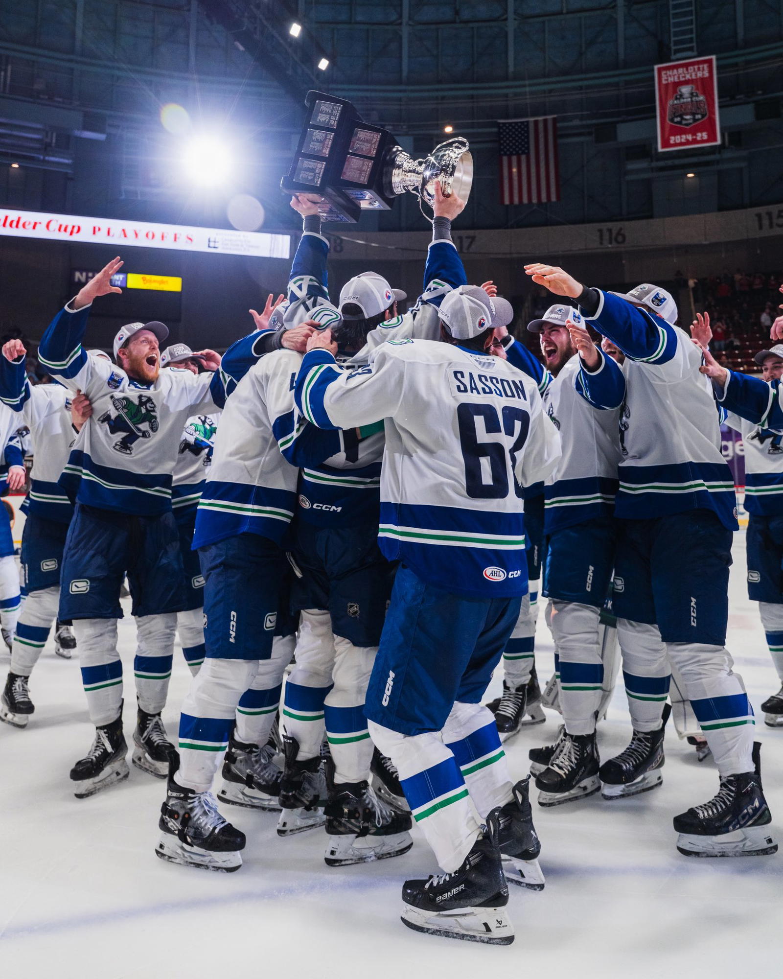 The Abbotsford Canucks hoist the Calder Cup after winning Game 6 of the Calder Cup Finals 3–2. (Photo Credit: @AbbyCanucks/X)&nbsp;
