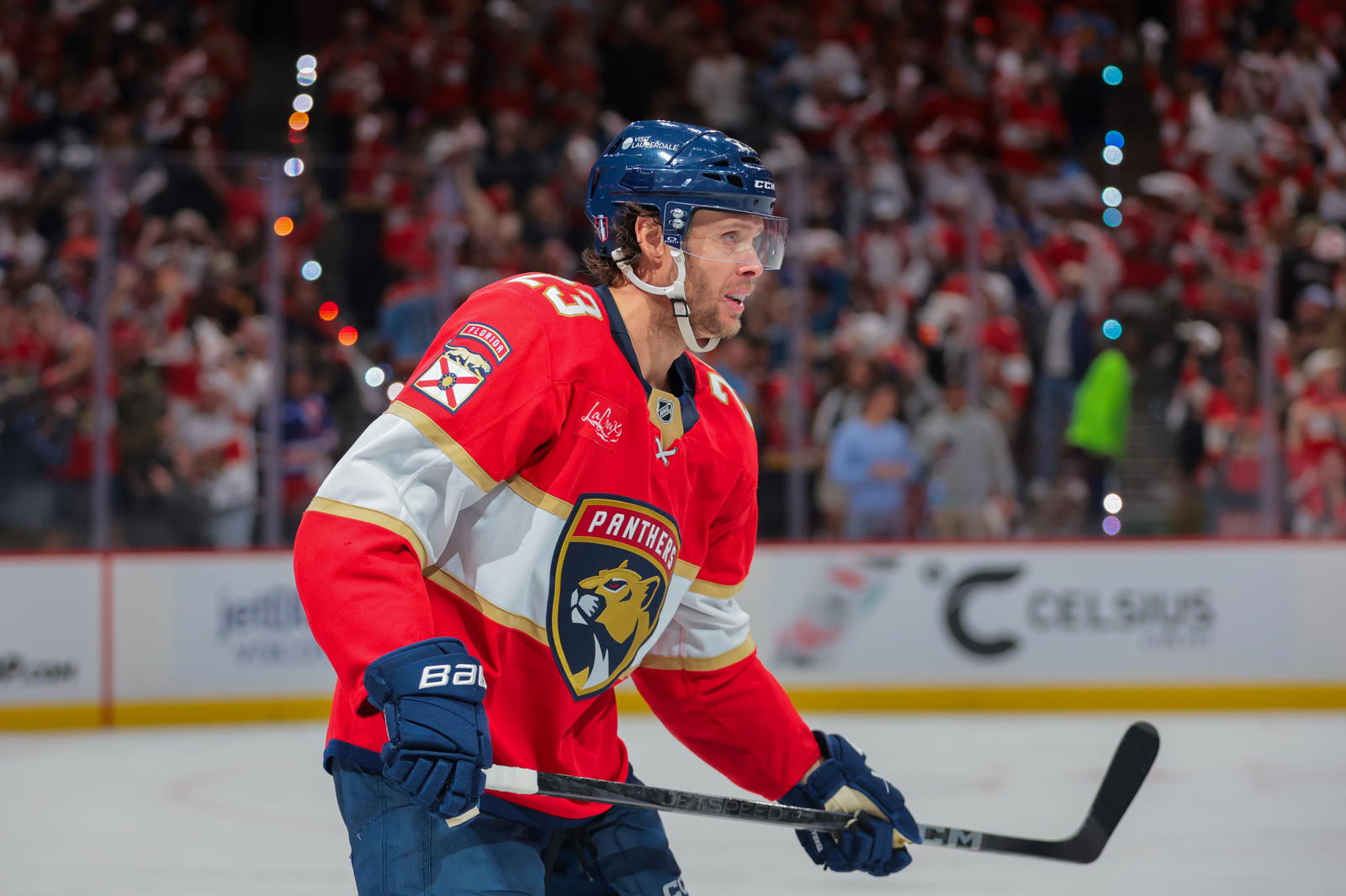 Florida Panthers center Carter Verhaeghe (23) celebrates after scoring against the Toronto Maple Leafs during the second period in game three of the second round of the 2025 Stanley Cup Playoffs at Amerant Bank Arena. Mandatory Credit: Sam Navarro-Imagn Images