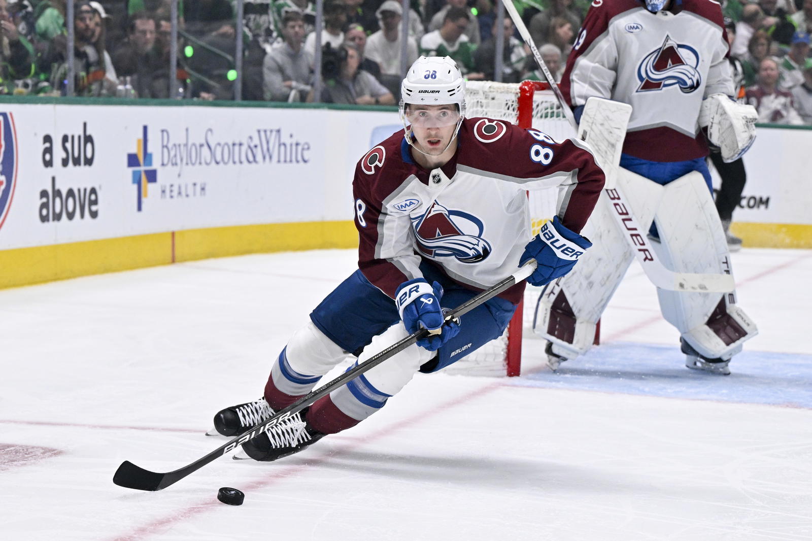 Apr 21, 2025; Dallas, Texas, USA; Colorado Avalanche center Martin Necas (88) in action during the game between the Dallas Stars and the Colorado Avalanche in game two of the first round of the 2025 Stanley Cup Playoffs at American Airlines Center. Mandatory Credit: Jerome Miron-Imagn Images