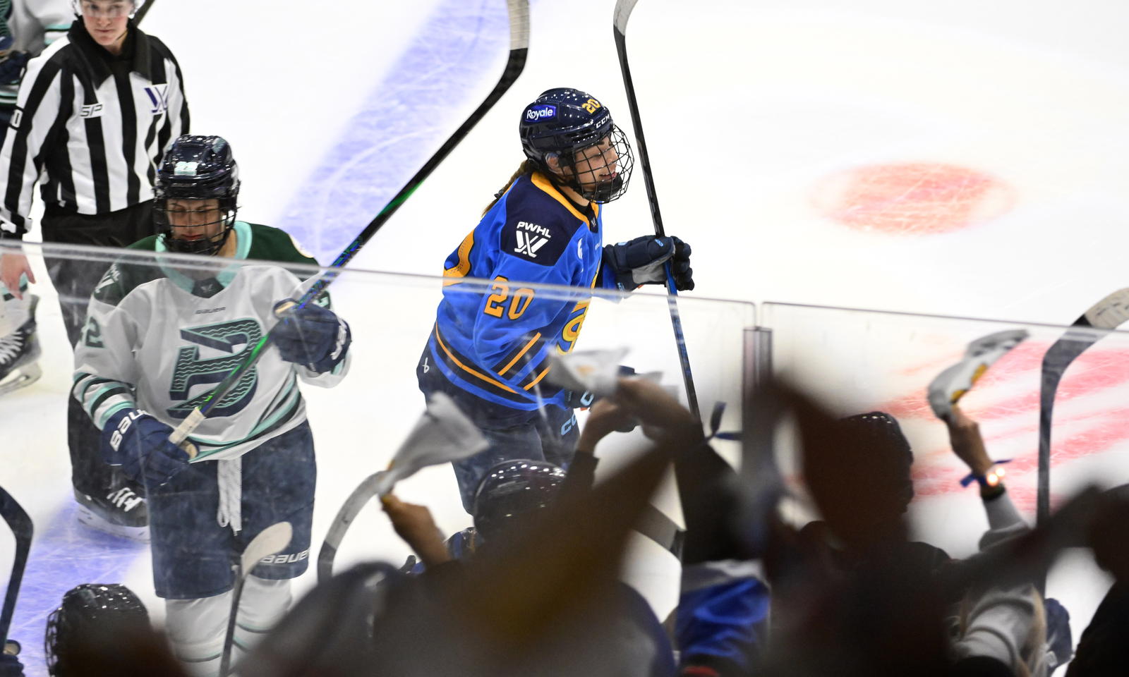 Nov 30, 2024; Toronto, ON, CANADA; Toronto Sceptres forward Sarah Nurse (20) skates to the team bench after celebrating a goal scored by Hannah Miller (not shown) against the Boston Fleet in the third period at Coca-Cola Coliseum. Mandatory Credit: Dan Hamilton-Imagn Images
