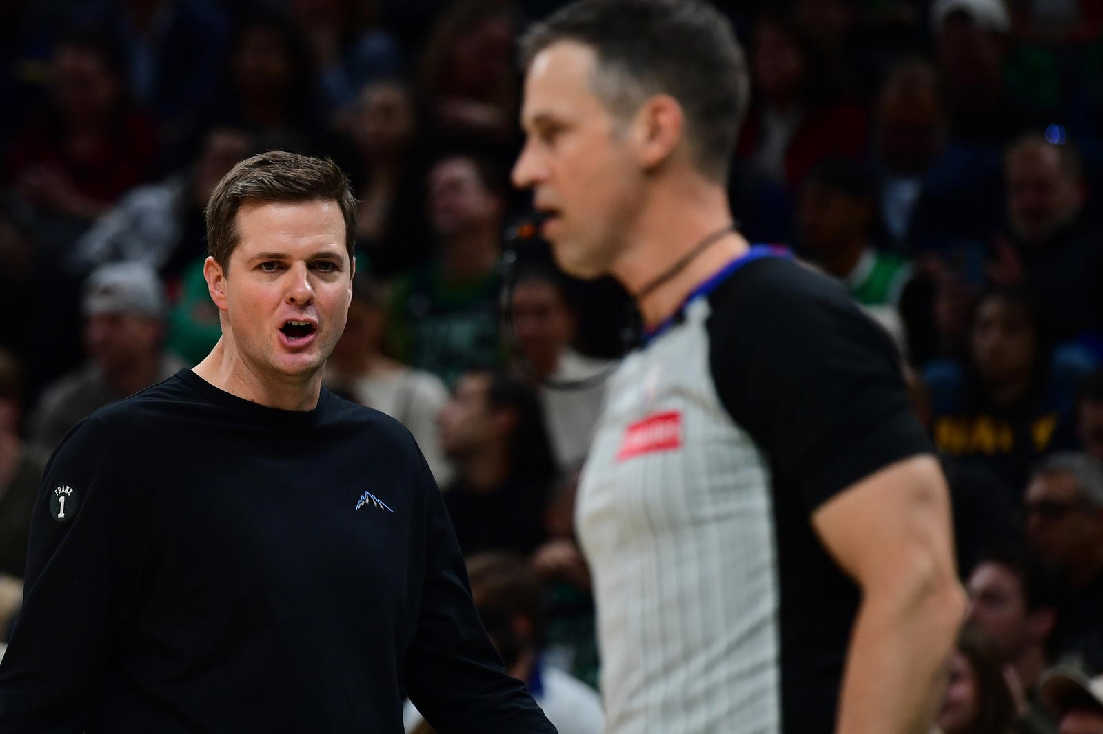 Nov 3, 2025; Boston, Massachusetts, USA; Utah Jazz head coach Will Hardy has words with the official during the first half against the Boston Celtics at TD Garden. (Bob DeChiara/Imagn Images)