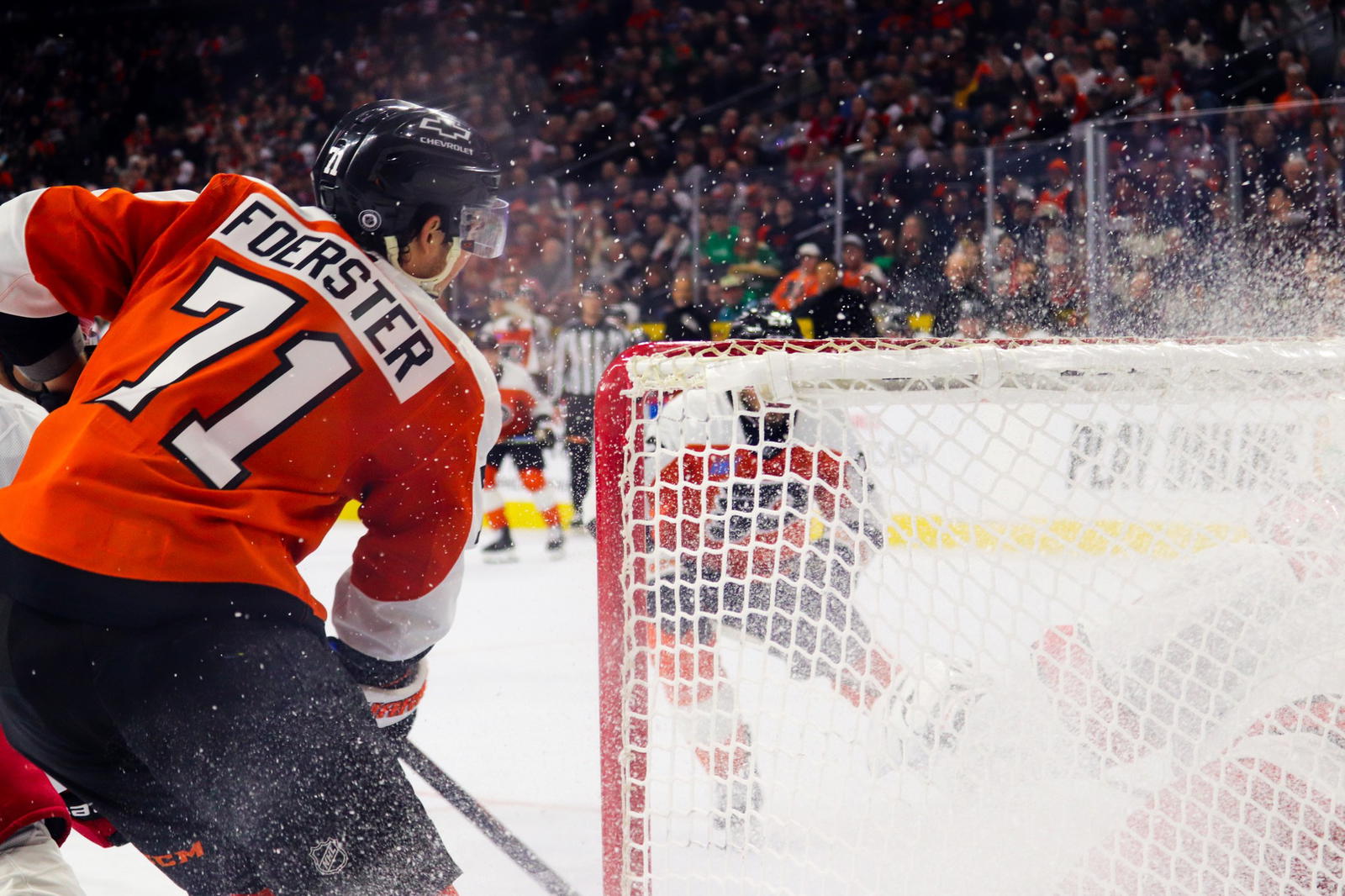 Philadelphia Flyers winger Tyson Foerster (71) stands net front against the Carolina Hurricanes at the Wells Fargo Center on Mar. 15, 2025. (Megan DeRuchie-The Hockey News)