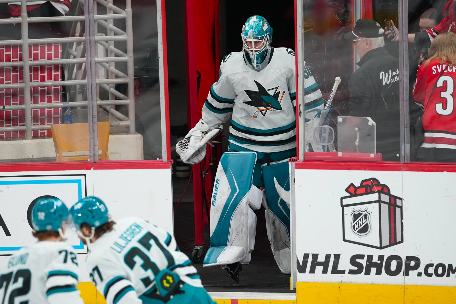 San Jose Sharks goaltender Yaroslav Askarov comes out of the dressing room for the warmups before their Dec. 7 game against the Carolina Hurricanes. (James Guillory-Imagn Images)