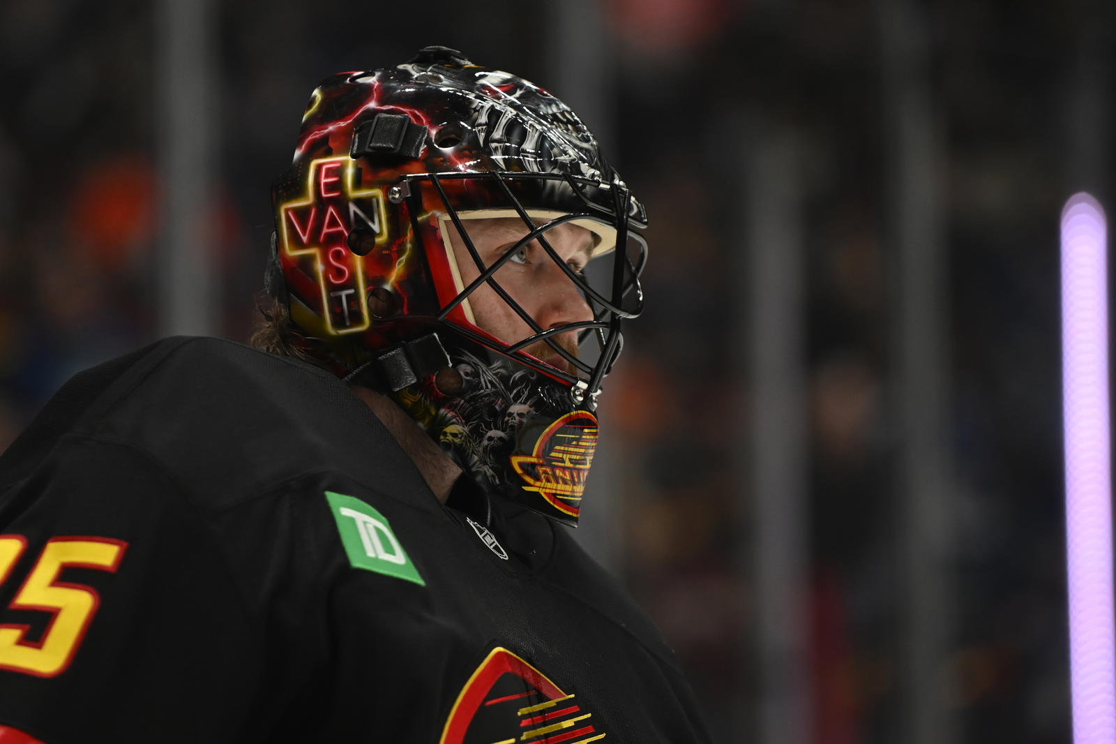 Apr 5, 2025; Vancouver, British Columbia, CAN; Vancouver Canucks goaltender Thatcher Demko (35) skates between play during the first period against the Anaheim Ducks at Rogers Arena. Mandatory Credit: Anne-Marie Sorvin-Imagn Images