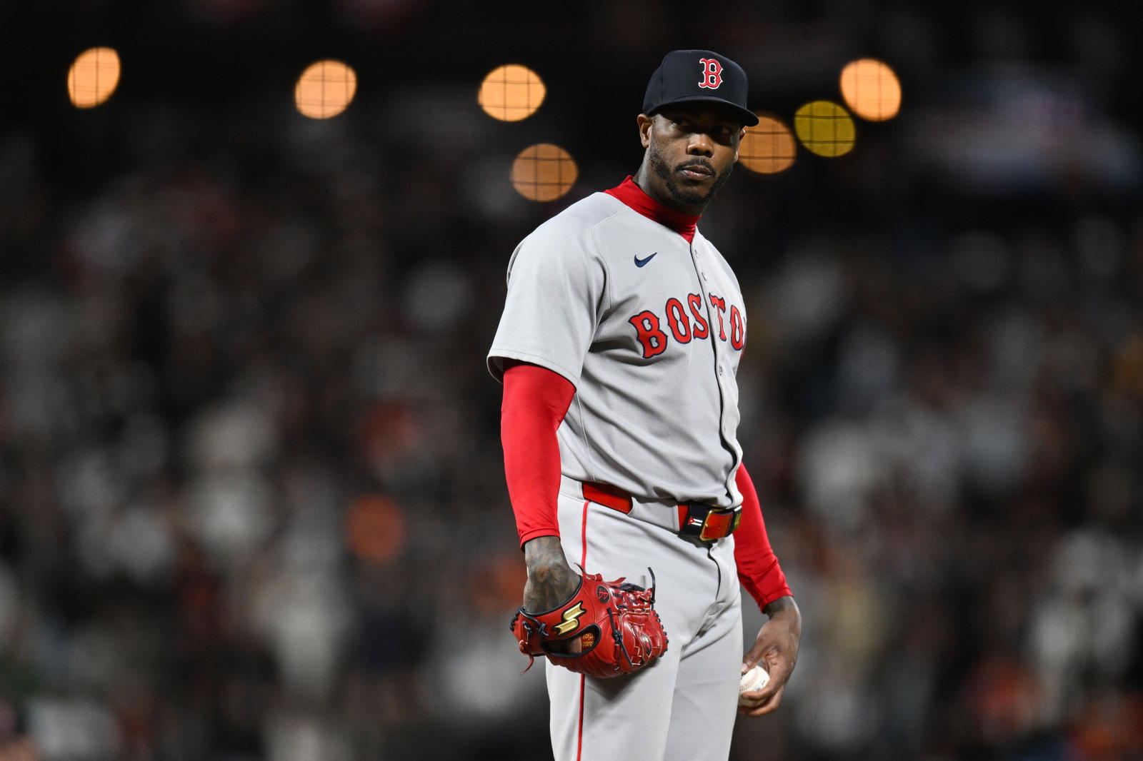 Jun 20, 2025; San Francisco, California, USA; Boston Red Sox pitcher Aroldis Chapman (44) stands on the mound against the San Francisco Giants in the ninth inning at Oracle Park. (Eakin Howard/Imagn Images)