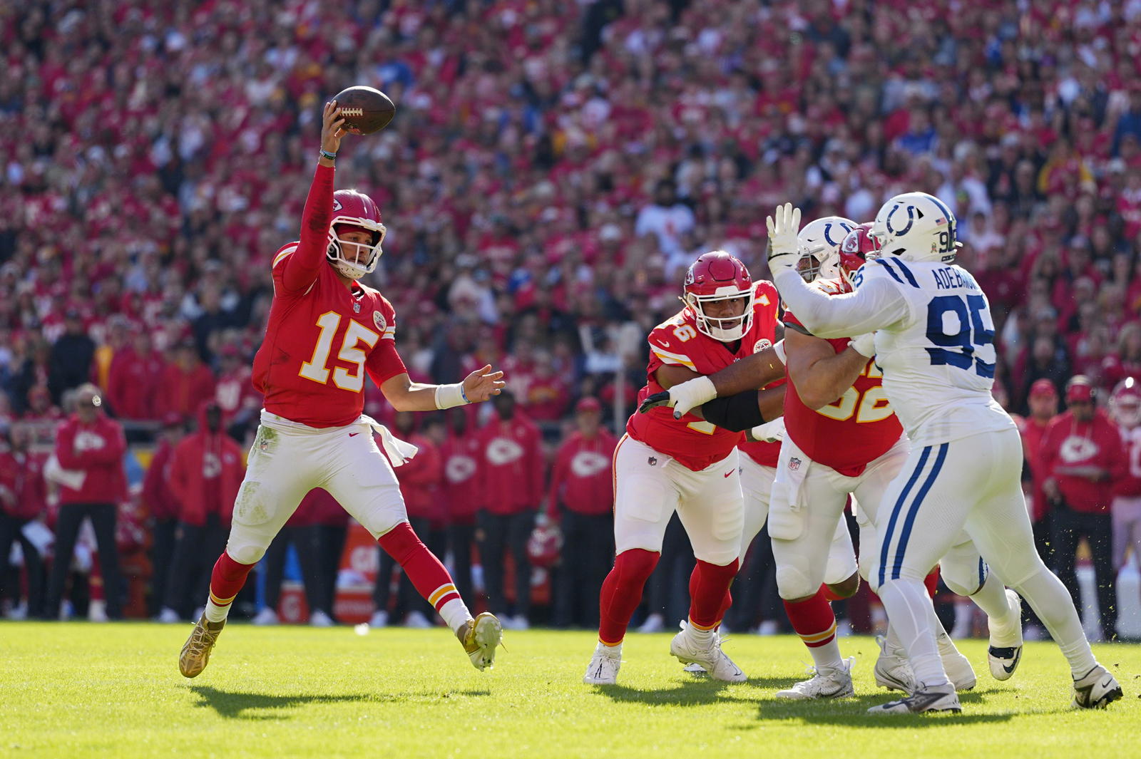 Nov 23, 2025; Kansas City, Missouri, USA; Kansas City Chiefs quarterback Patrick Mahomes (15) throws a pass against the Indianapolis Colts in the first half at GEHA Field at Arrowhead Stadium. Mandatory Credit: Jay Biggerstaff-Imagn Images