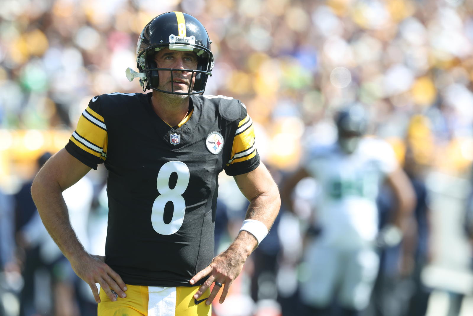 Pittsburgh Steelers quarterback Aaron Rodgers. Credit: Charles LeClaire-Imagn Images.