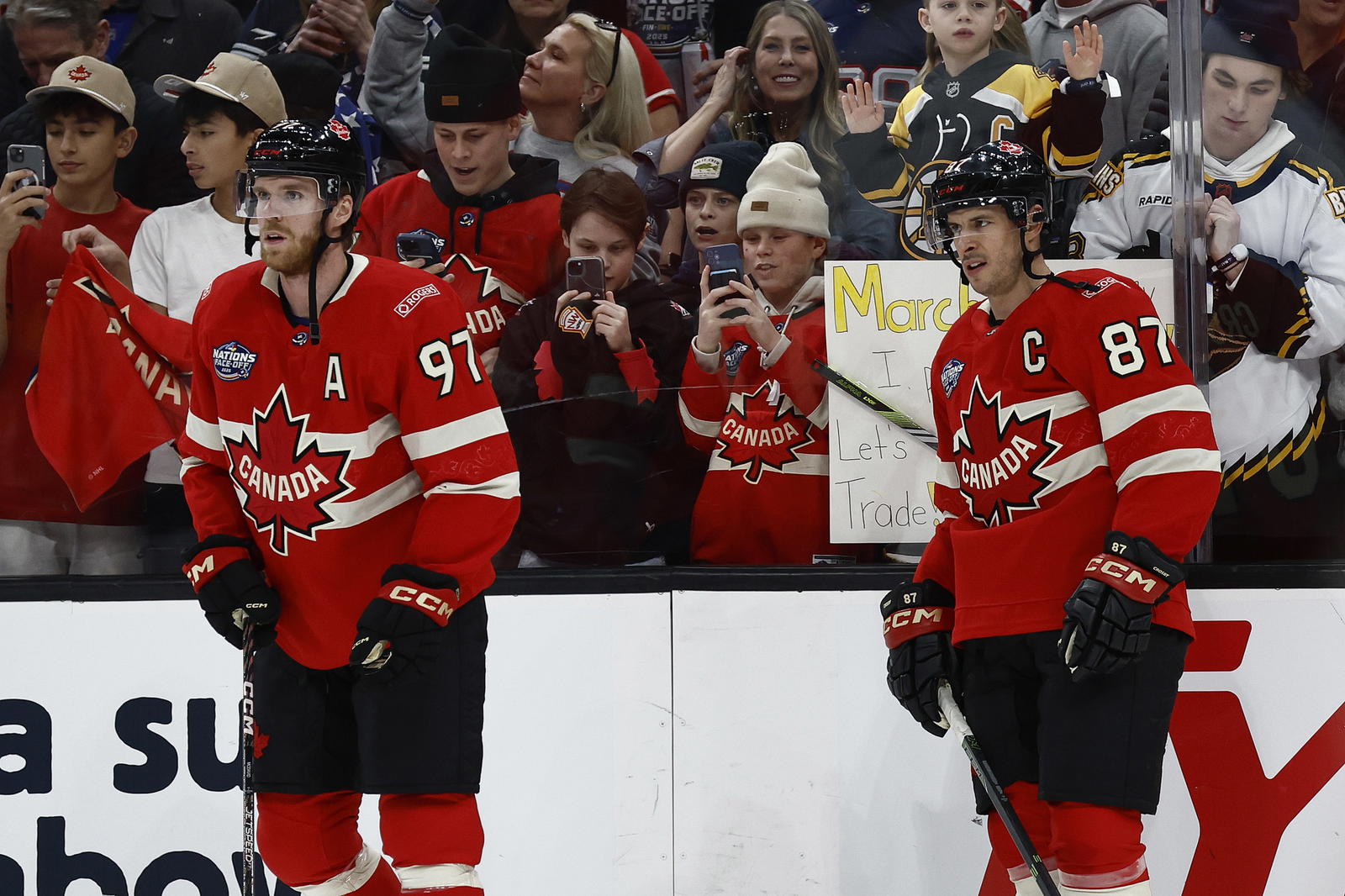 Connor McDavid and Sydney Crosby before the 4 Nations Face-Off championship game against Team USA. (Winslow Townson-Imagn Images)