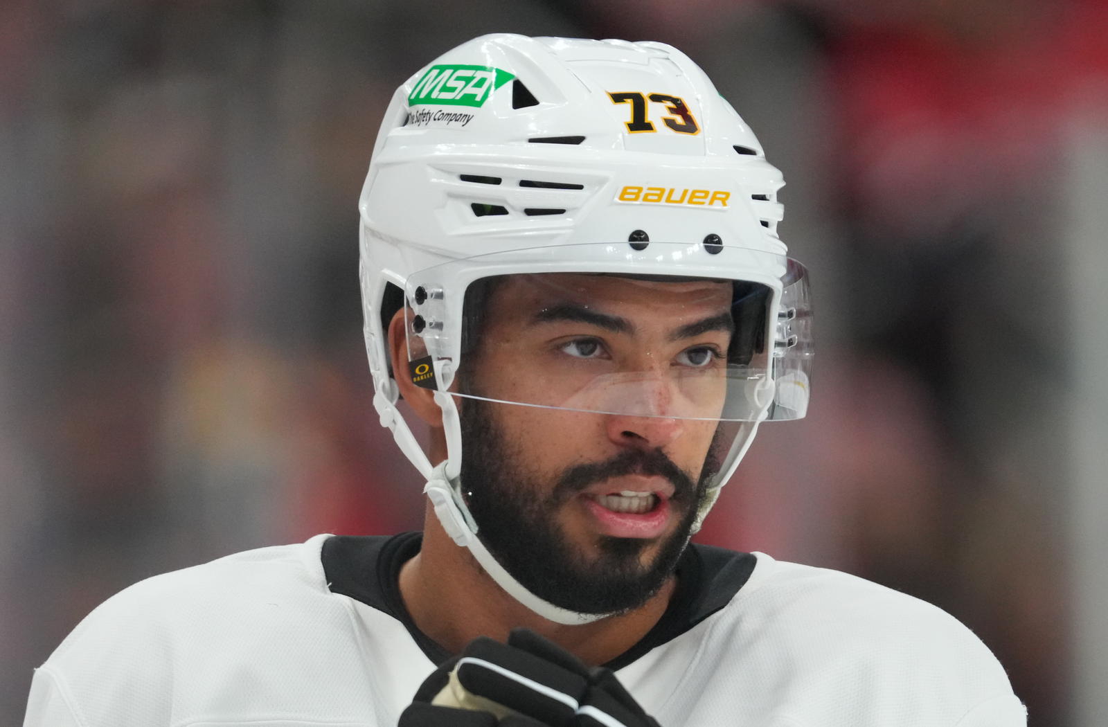 Jan 5, 2025; Raleigh, North Carolina, USA; Pittsburgh Penguins defenseman P.O Joseph (73) looks on against the Carolina Hurricanes during the first period at Lenovo Center. (James Guillory-Imagn Images)