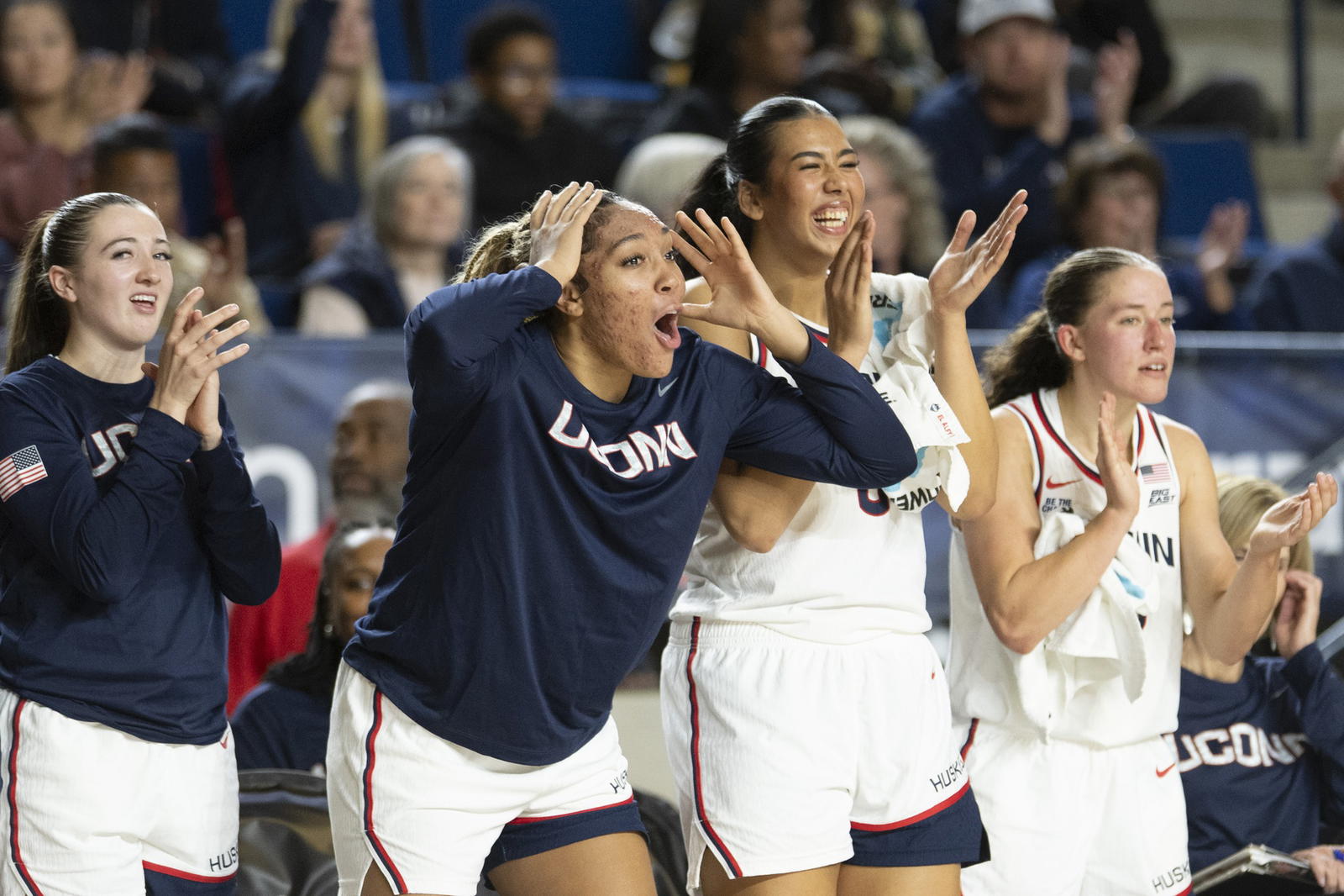 The UConn Huskies bench reacts during the second half against the Louisville Cardinals at Alumni Hall at United States Naval Academy in Annapolis, Md. Credit: Tommy Gilligan-Imagn Images