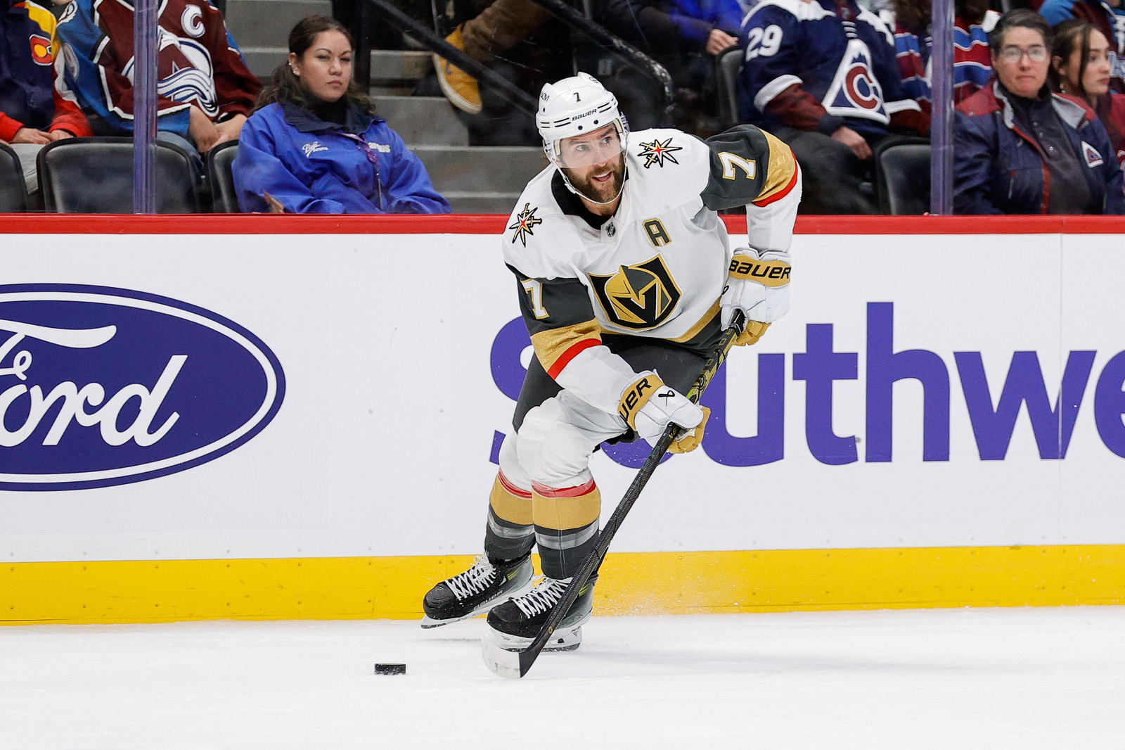 Vegas Golden Knights defenseman Alex Pietrangelo (7) controls the puck in the third period against the Colorado Avalanche at Ball Arena. Mandatory Credit: Isaiah J. Downing-Imagn Images