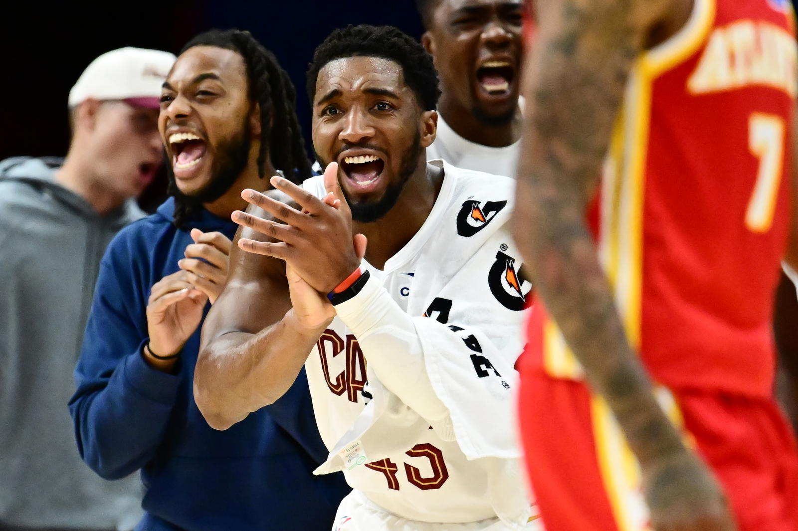 Nov 2, 2025; Cleveland, Ohio, USA; Cleveland Cavaliers guard Darius Garland, left, and guard Donovan Mitchell (45) react against the Atlanta Hawks during the second half at Rocket Arena. Mandatory Credit: Ken Blaze-Imagn Images