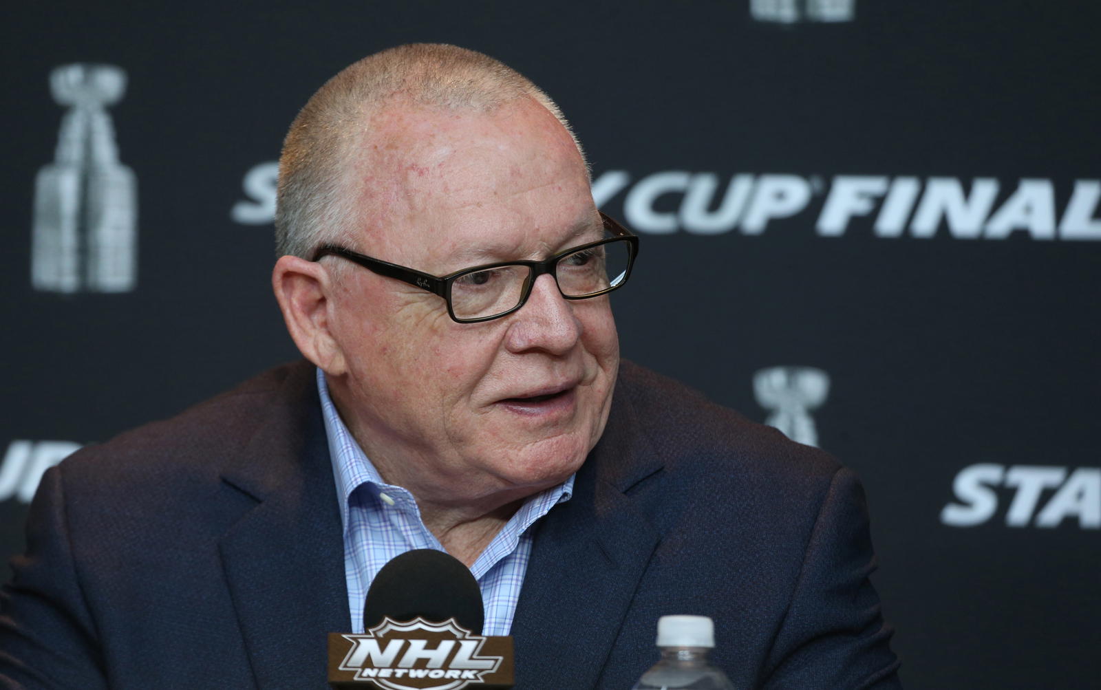 May 28, 2017; Pittsburgh, PA, USA; Pittsburgh Penguins general manager Jim Rutherford addresses reporters during media day before the start of the 2017 Stanley Cup Final at PPG PAINTS Arena. Mandatory Credit: Charles LeClaire-Imagn Images