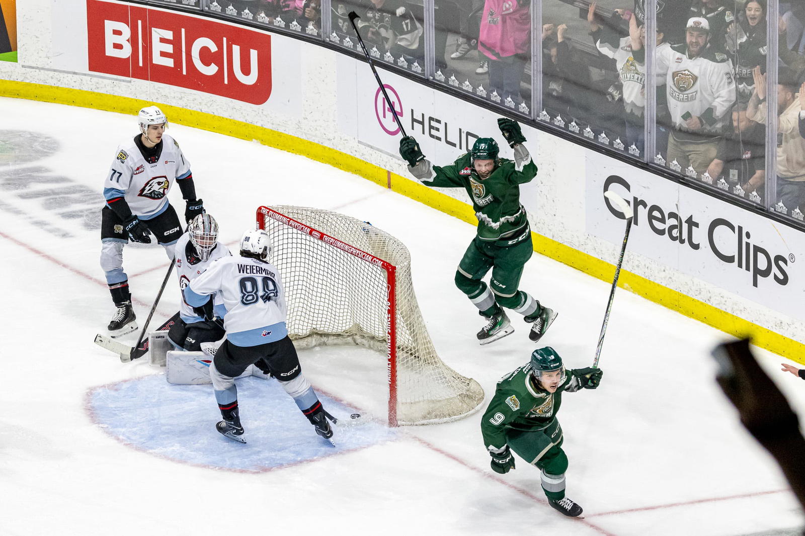 Julius Miettinen (#17) celebrates linesman Landon Dupont's (#9)goal during Game 7 of WHL semi-finals in Everett, WA on April 22, 2025. Photo by Andy Glass | Come As You Are Hockey
