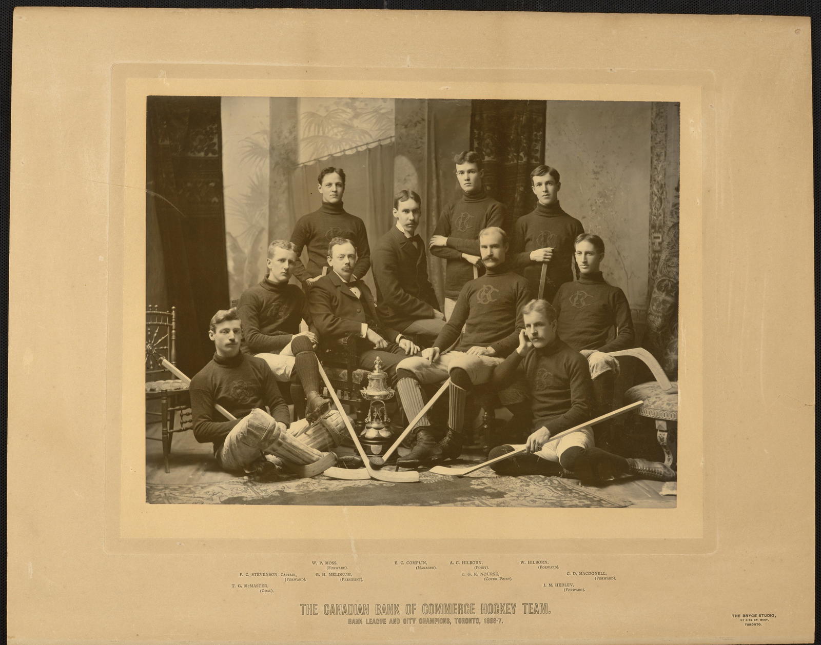 The Canadian Bank of Commerce hockey team – Bank League and City Champions of Toronto, 1896-97. Albert Hilborn, second from right, and William Hilborn Jr., far right, are standing in the back row. 