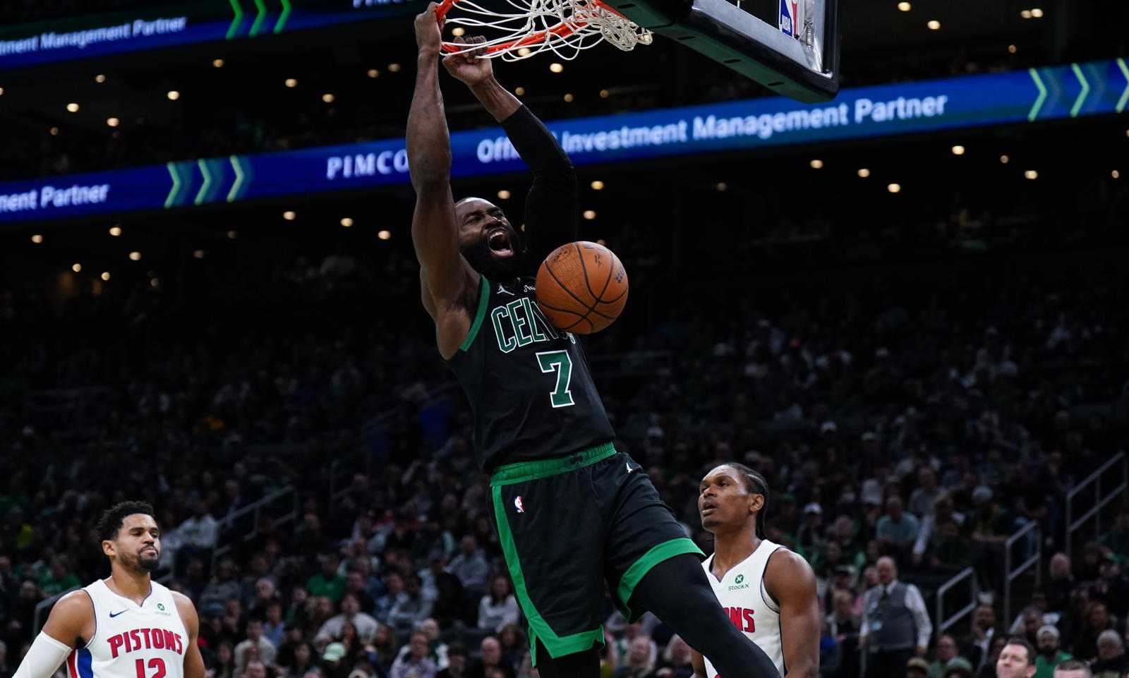 Nov 26, 2025; Boston, Massachusetts, USA; Boston Celtics guard Jaylen Brown (7) makes the basket against the Detroit Pistons in the second half at TD Garden. (David Butler II/Imagn Images)