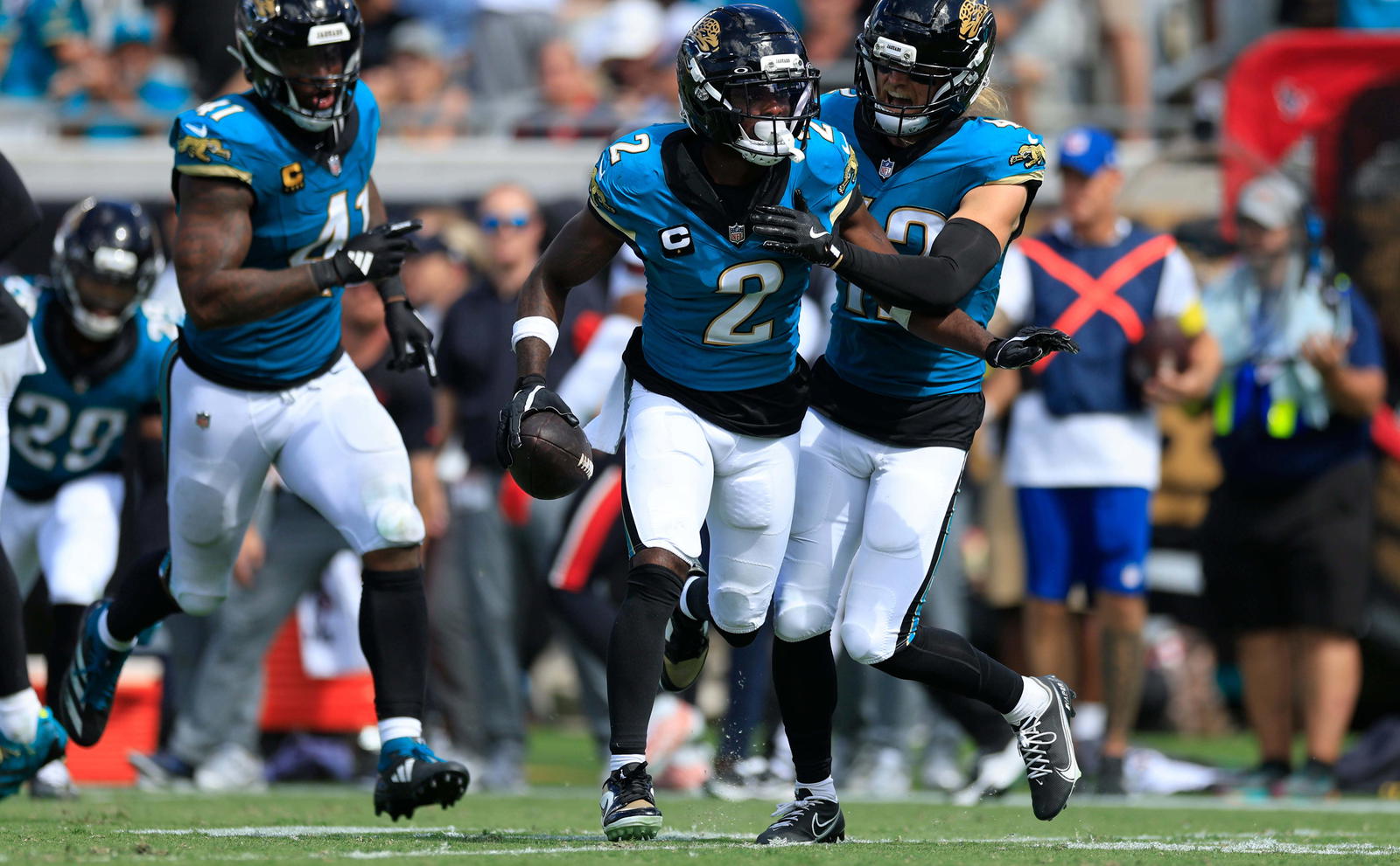 CB Jourdan Lewis (2) celebrates his fourth-quarter interception in the Jaguars' win over the Texans at EverBank Stadium in Jacksonville, Sunday, Sept. 21, 2025. (Corey Perrine/Florida Times-Union)