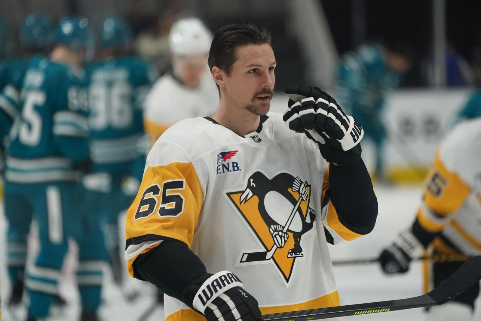 Jan 27, 2025; San Jose, California, USA; Pittsburgh Penguins defenseman Erik Karlsson (65) warms up before the game against the San Jose Sharks at SAP Center at San Jose. (David Gonzales-Imagn Images)