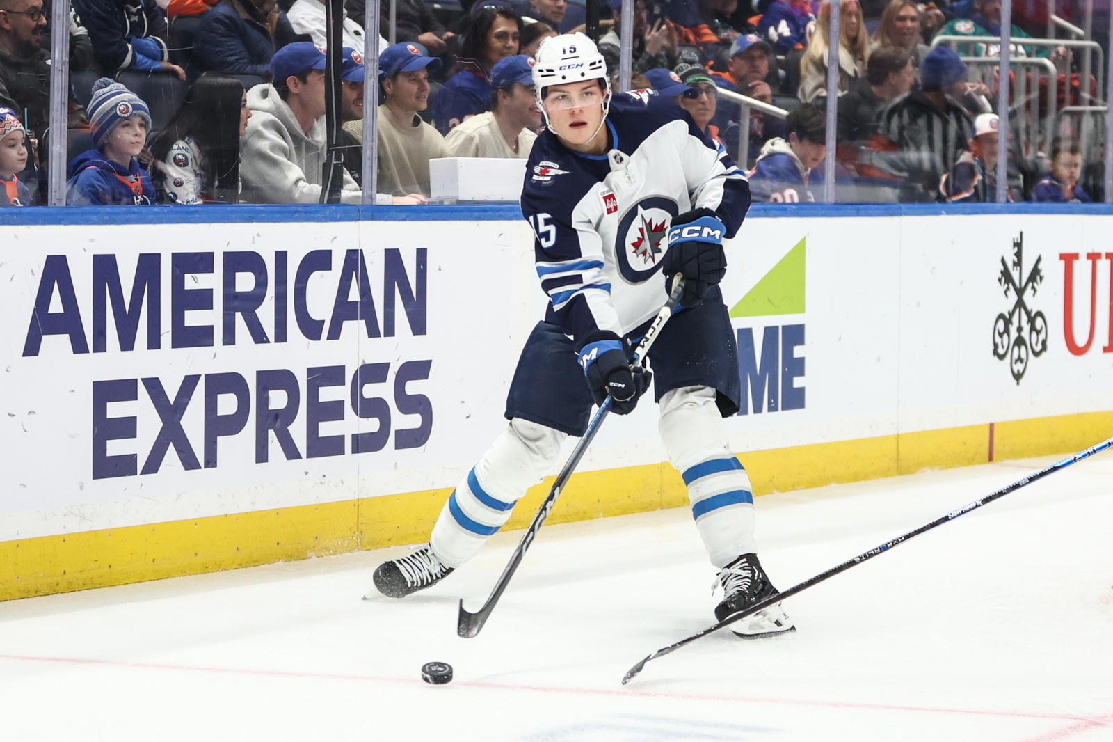 Winnipeg Jets center Rasmus Kupari (15) controls the puck in the first period against the New York Islanders at UBS Arena. Mandatory Credit: Wendell Cruz-Imagn Images