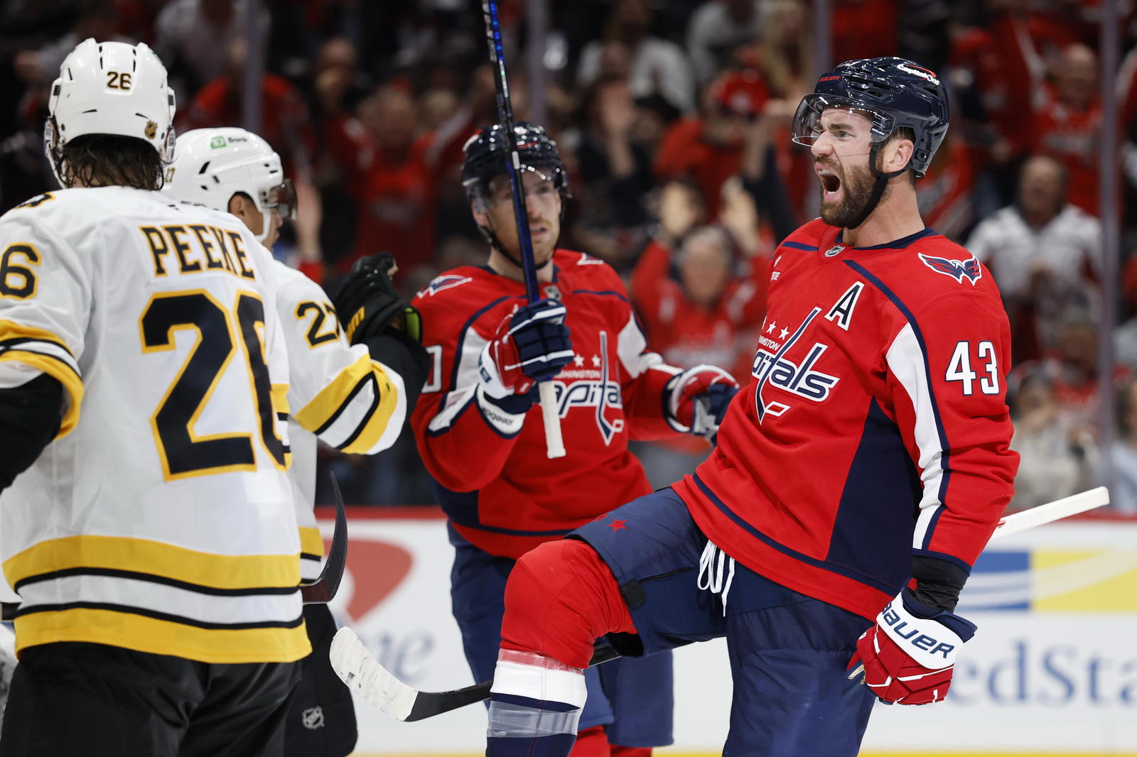 Oct 8, 2025; Washington, District of Columbia, USA; Washington Capitals right wing Tom Wilson (43) celebrates after scoring a goal against the Boston Bruins during the third period at Capital One Arena. Mandatory Credit: Geoff Burke-Imagn Images