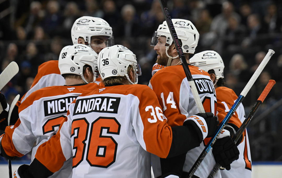&nbsp;Philadelphia Flyers center Sean Couturier (14) celebrates his goal against the New York Rangers with defenseman Emil Andrae (36) and right wing Matvei Michkov (39) during the third period at Madison Square Garden. (Dennis Schneidler-Imagn Images)