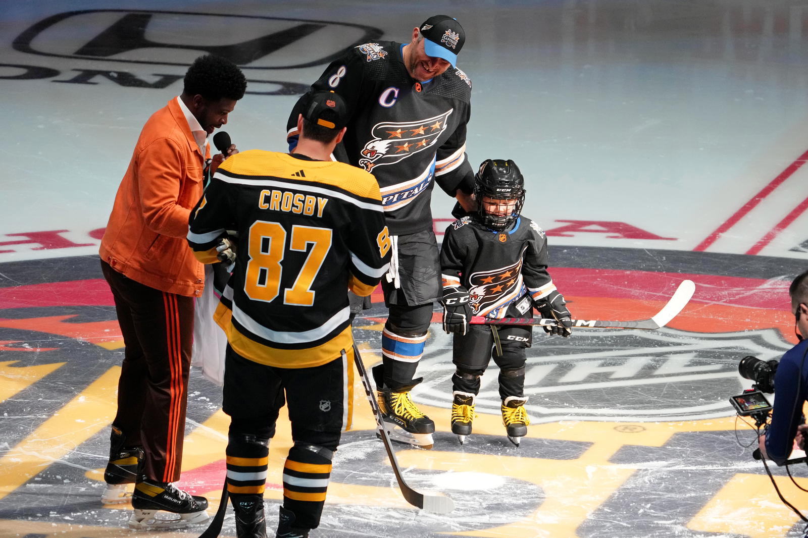 Crosby and Ovechkin teamed up at the 2023 NHL All-Star Game, skating with Ovechkin's eldest son, Sergei. (Jasen Vinlove — Imagn Images)