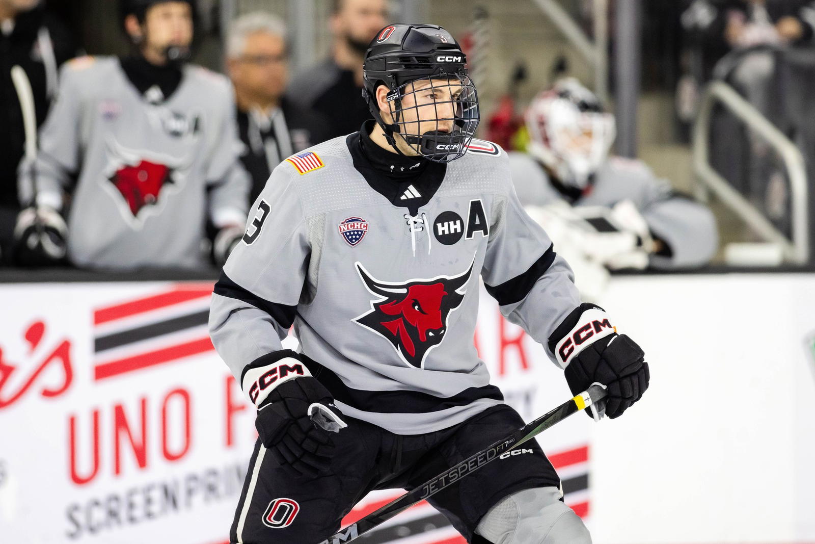 #3 Sam Strange looks on during a game for the Omaha Mavericks last season. via meetthemavs.omavs.com
