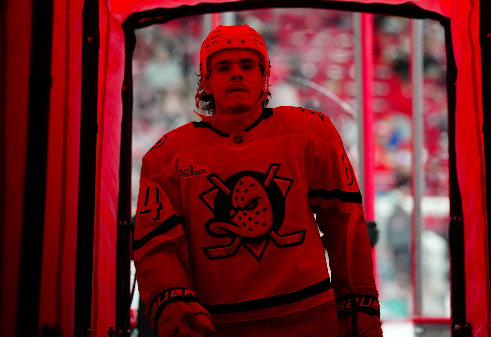 Jan 12, 2025; Raleigh, North Carolina, USA; Anaheim Ducks right wing Sam Colangelo (64) comes off the ice after the warmups before the game against the Carolina Hurricanes at Lenovo Center. Mandatory Credit: James Guillory-Imagn Images