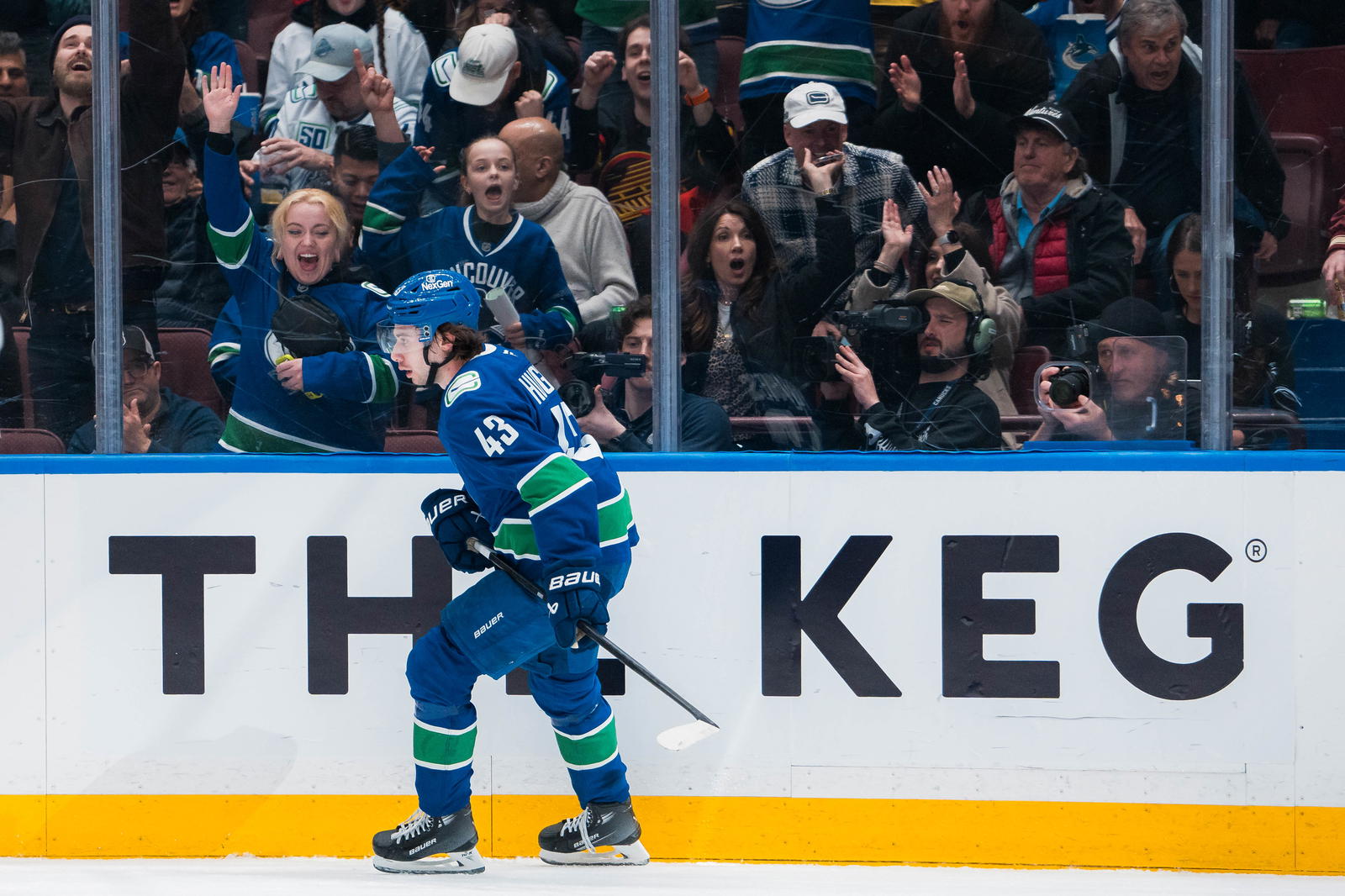Mar 15, 2025; Vancouver, British Columbia, CAN; Vancouver Canucks defenseman Quinn Hughes (43) celebrates his goal against the Chicago Blackhawks in the first period at Rogers Arena. Mandatory Credit: Bob Frid-Imagn Images
