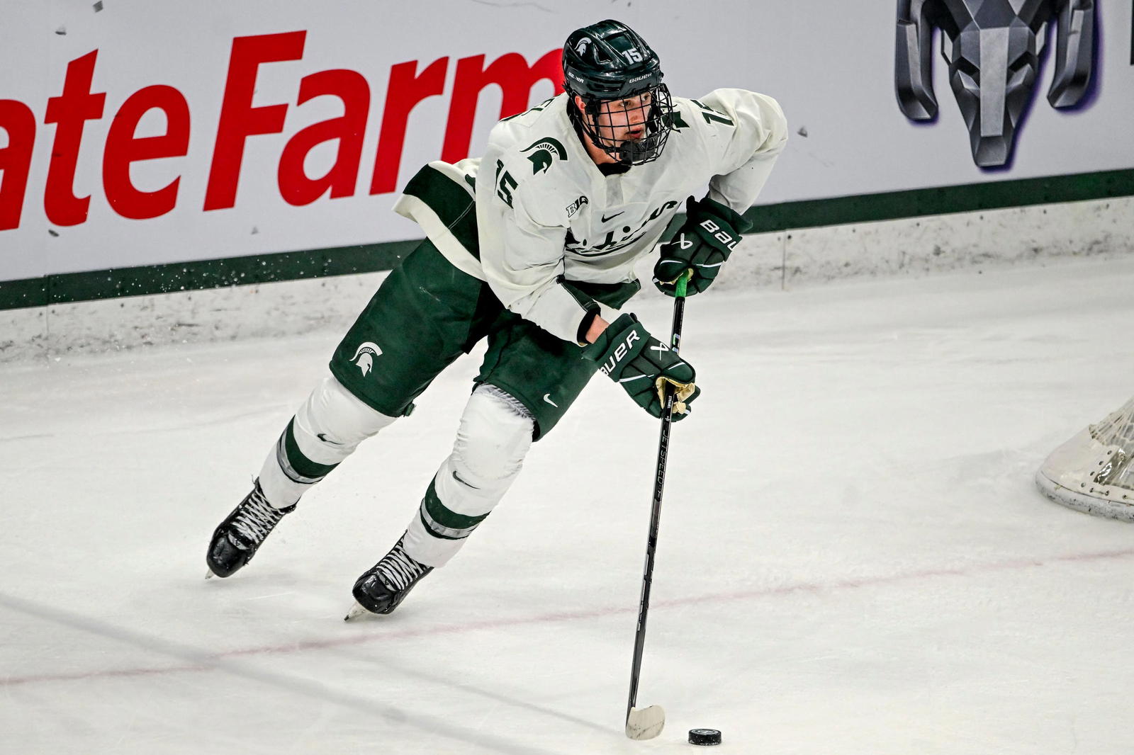 Michigan State's Charlie Stramel moves the puck against Notre Dame during the first period in the Big Ten tournament on Saturday, March 15, 2025, at Muni Arena in East Lansing. Credit:&nbsp;Nick King/Lansing State Journal / USA TODAY NETWORK via Imagn Images.
