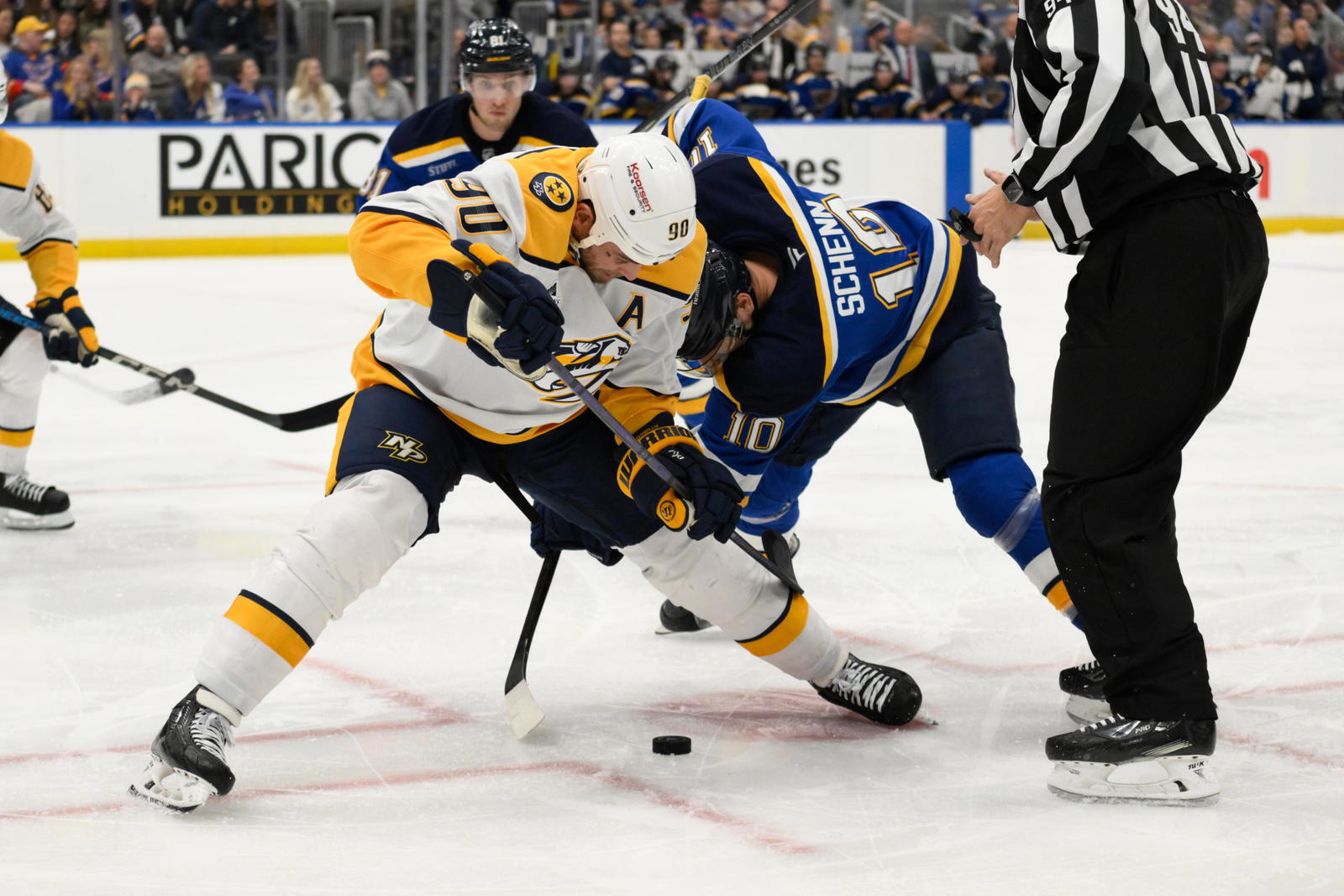 Ryan O'Reilly (left) and Brayden Schenn (10) were teammates with the St. Louis Blues for five seasons. (Jeff Le-Imagn Images)