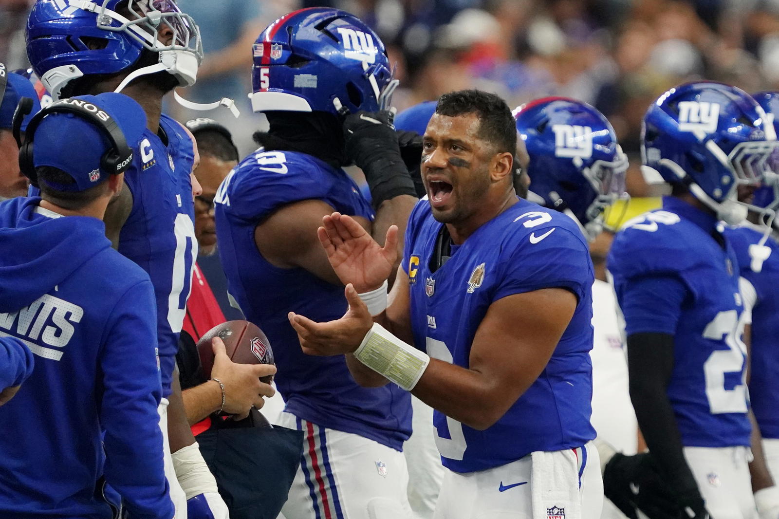 New York Giants quarterback Russell Wilson. Credit: Raymond Carlin III-Imagn Images.