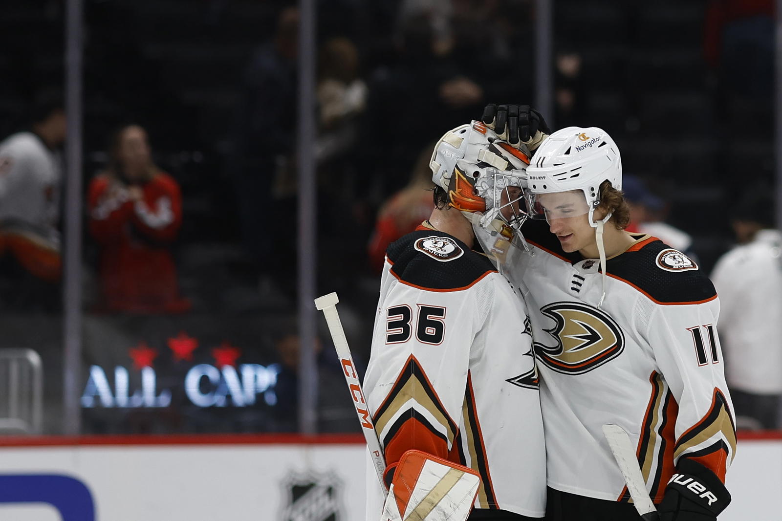 Feb 23, 2023; Washington, District of Columbia, USA; Anaheim Ducks goaltender John Gibson (36) celebrates with Ducks center Trevor Zegras (11) after their game against the Washington Capitals at Capital One Arena. Mandatory Credit: Geoff Burke-Imagn Images