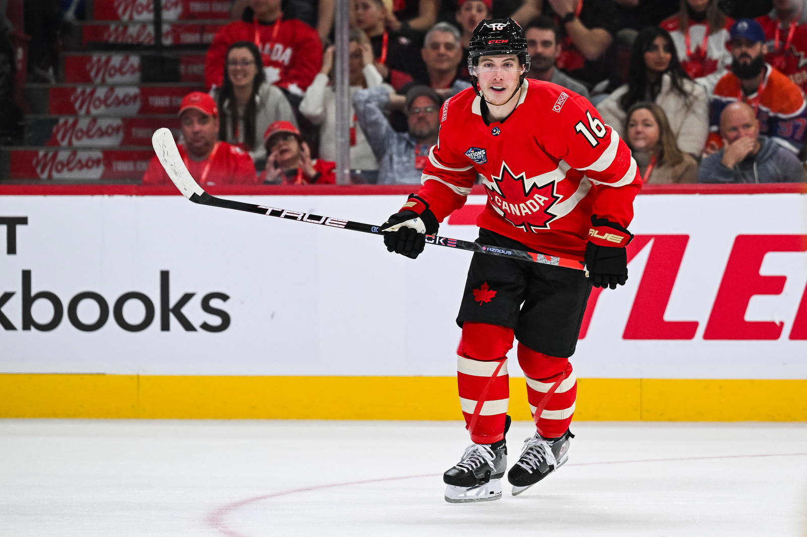 Feb 12, 2025; Montreal, Quebec, CAN; [Imagn Images direct customers only] Team Canada forward Mitch Marner (16) against Team Sweden in the third period during a 4 Nations Face-Off ice hockey game at Bell Centre. Mandatory Credit: David Kirouac-Imagn Images