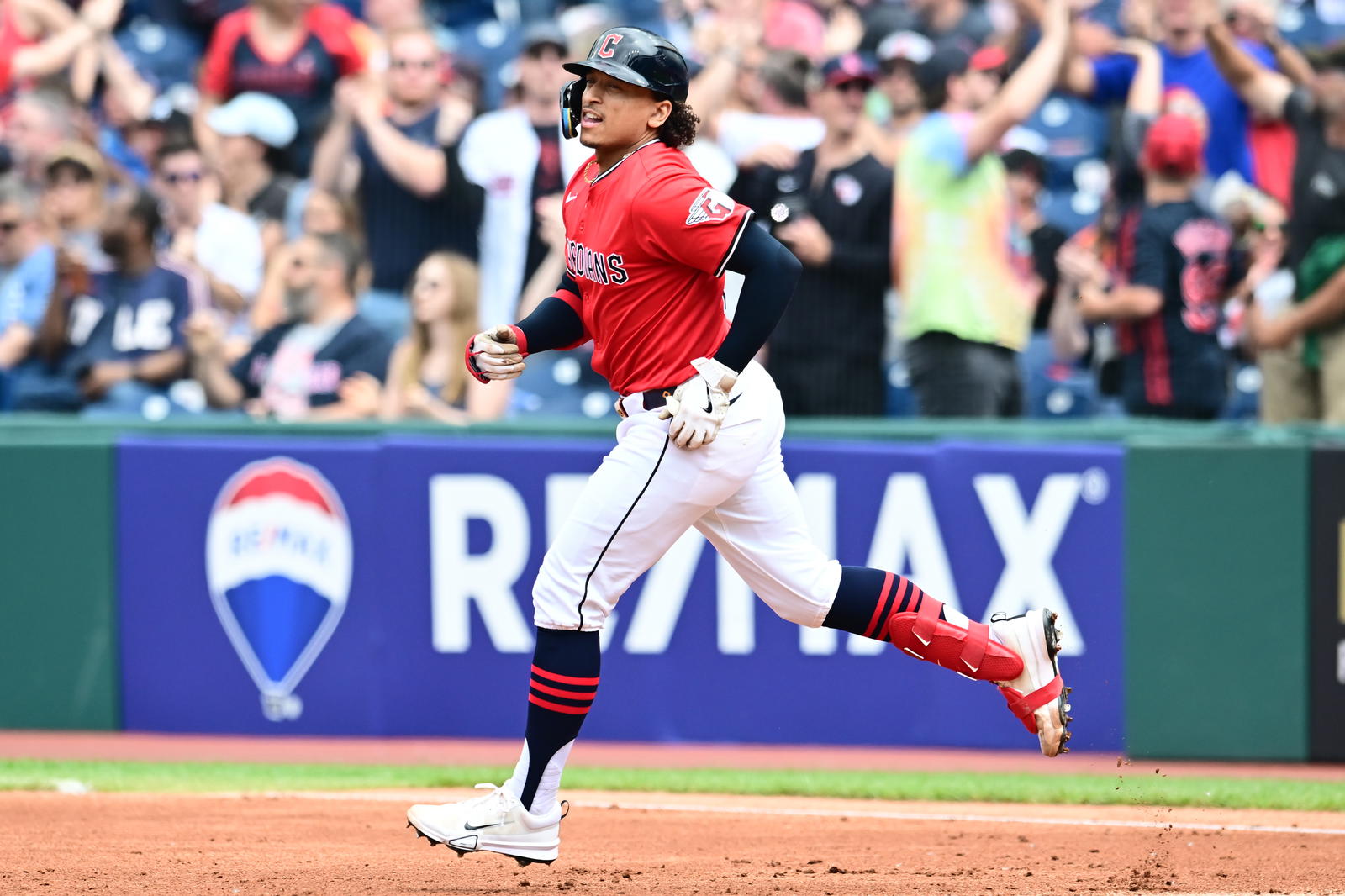 Jun 8, 2025; Cleveland, Ohio, USA; Cleveland Guardians catcher Bo Naylor (23) rounds the bases after hitting a home run during the second inning against the Houston Astros at Progressive Field. Mandatory Credit: Ken Blaze-Imagn Images