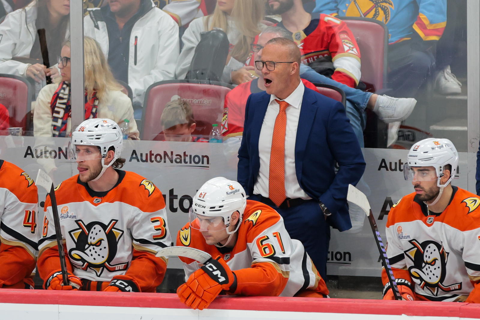 Jan 18, 2025; Sunrise, Florida, USA; Anaheim Ducks head coach Greg Cronin reacts from the bench against the Florida Panthers during the third period at Amerant Bank Arena. Mandatory Credit: Sam Navarro-Imagn Images.