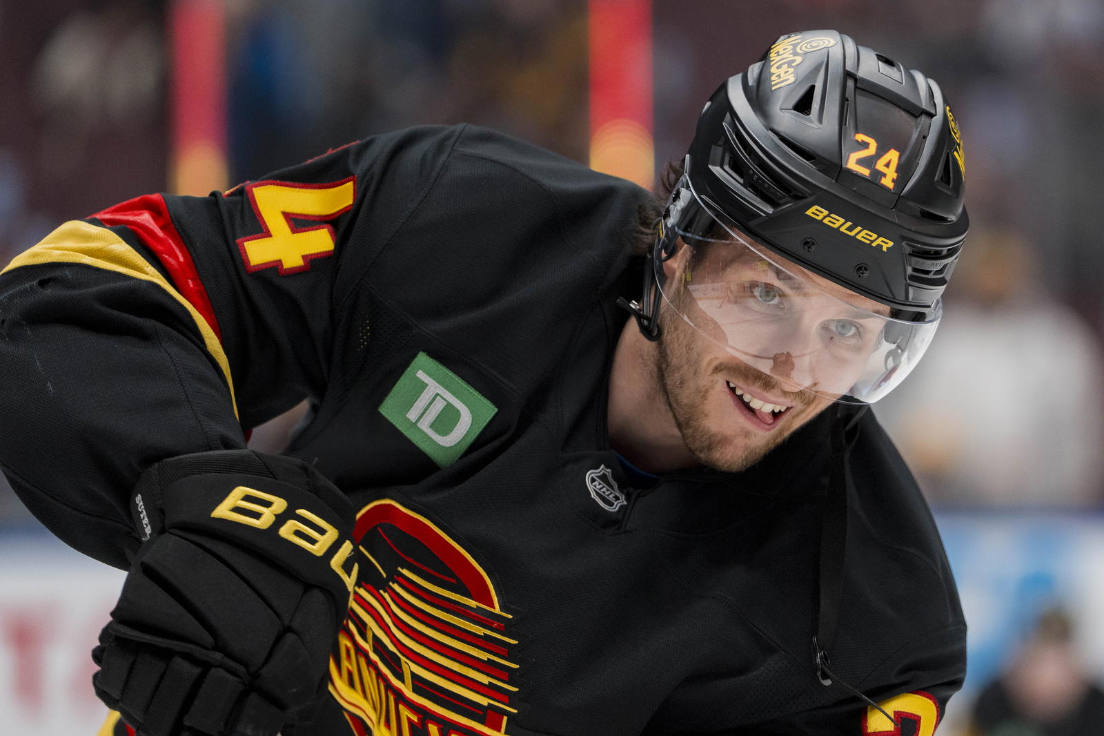 Mar 9, 2025; Vancouver, British Columbia, CAN; Vancouver Canucks forward Pius Suter (24) shoots during warm up prior to a game against the Dallas Stars at Rogers Arena. Mandatory Credit: Bob Frid-Imagn Images