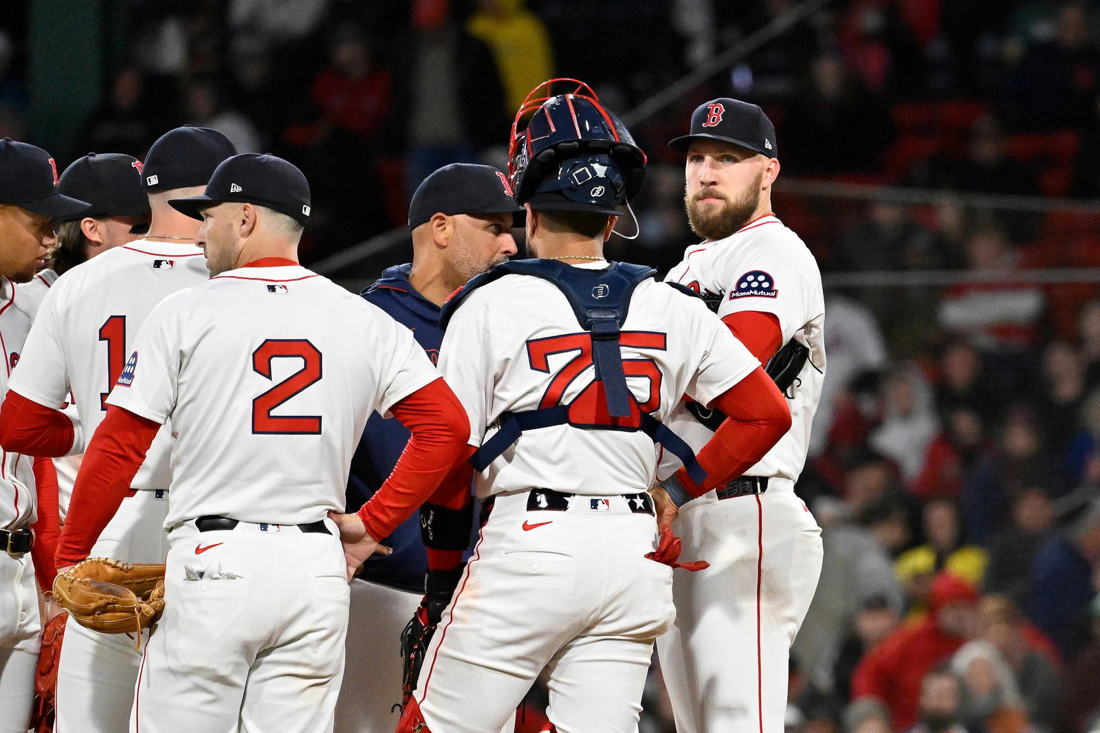 May 21, 2025; Boston, Massachusetts, USA; Boston Red Sox manager Alex Cora (13) (blue) relives starting pitcher Garrett Crochet (35) during the sixth inning against the New York Mets at Fenway Park. (Eric Canha/Imagn Images)